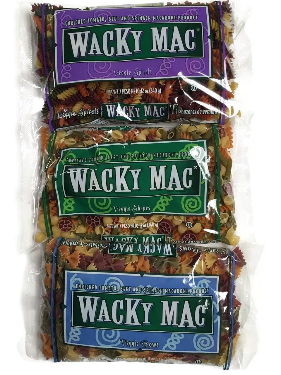 3-pack Wacky Mac Pasta Variety Set: Veggie Shapes, Veggie Spirals & Veggie Bows, 12 Oz. Bags [1 of Each]