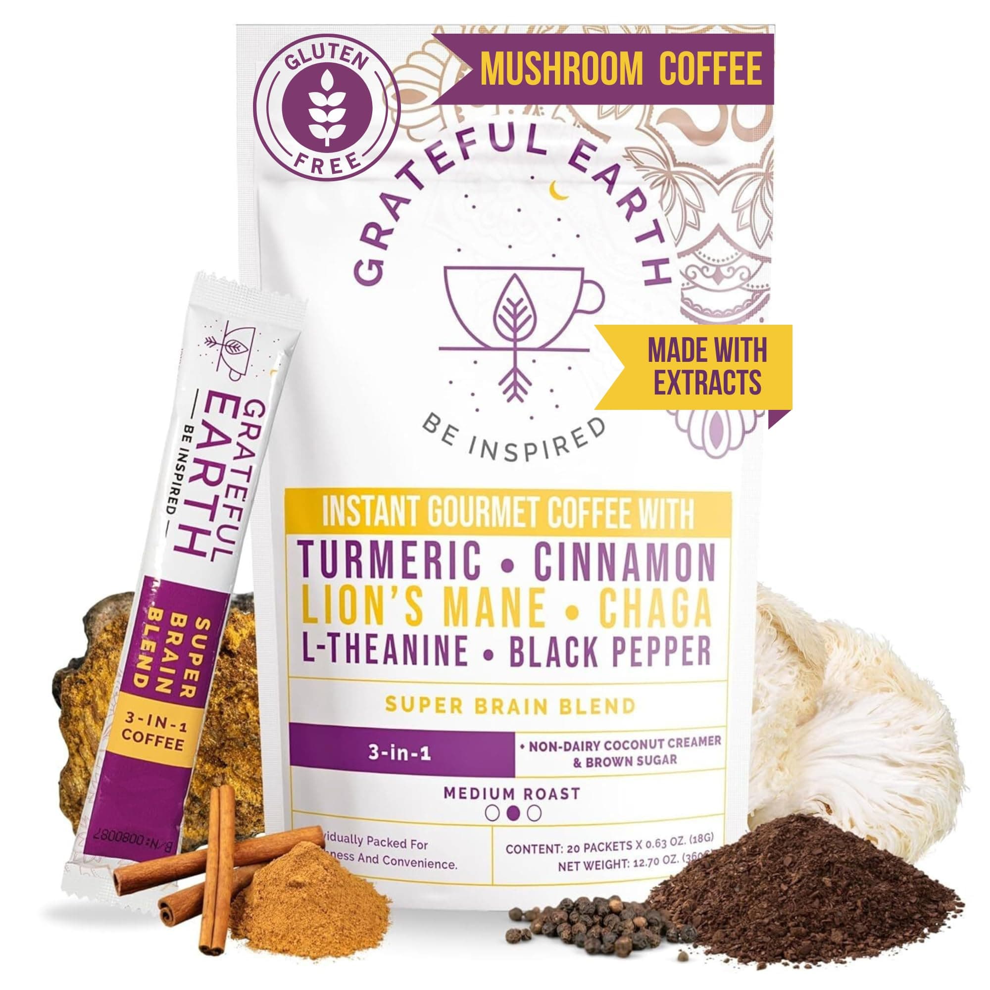Grateful Earth Mushroom Coffee, Coconut Instant Coffee with Lion’s Mane Mushrooms, Chaga, Turmeric, L-Theanine, Cinnamon, Super Brain Blend For Energy & Immune Support, Dairy & Gluten Free, 20 Packets