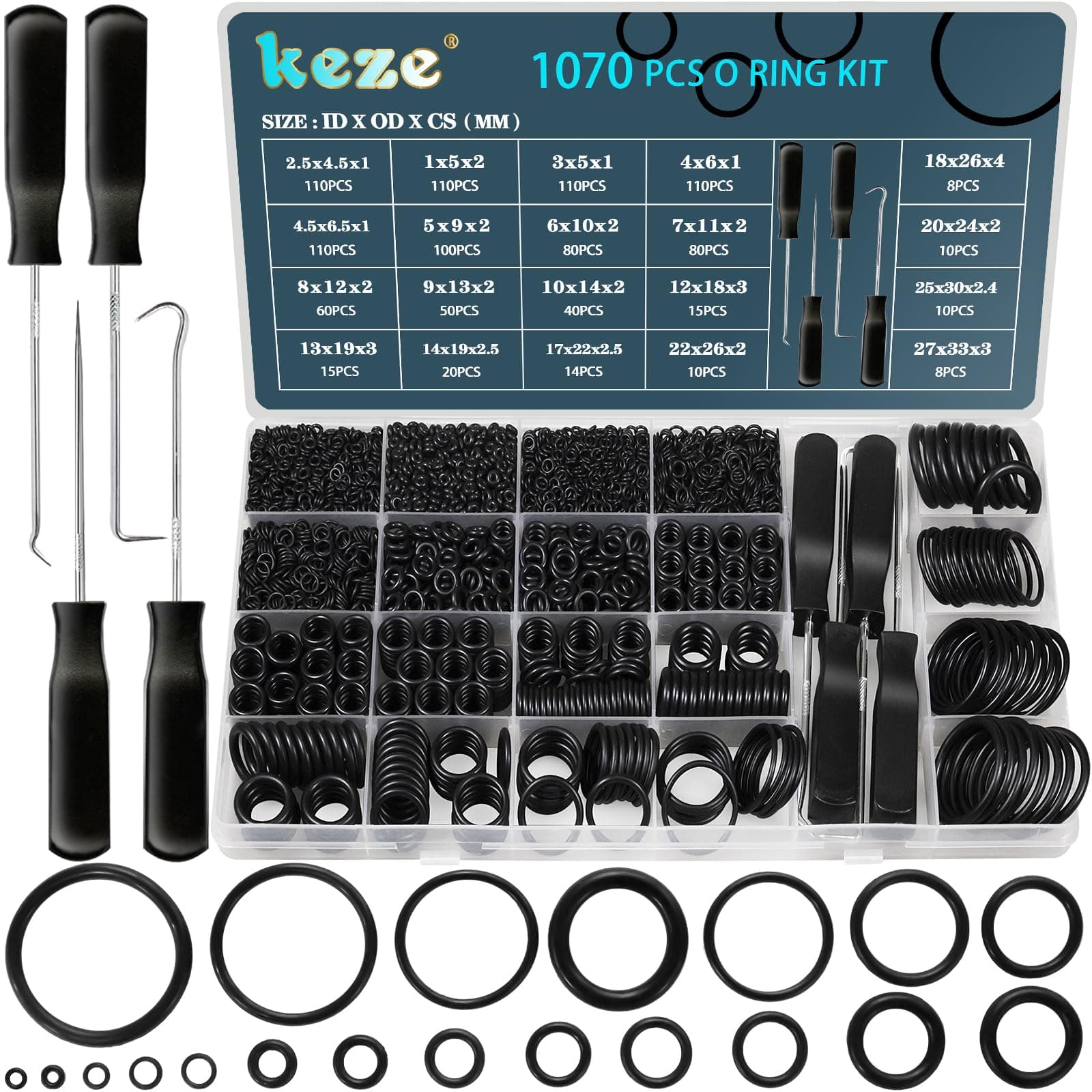 KEZE 1070 Pcs Rubber O-Rings Kit with Assorted O Ring Tools Set/20 Size/OD:4.5mm-33mm
