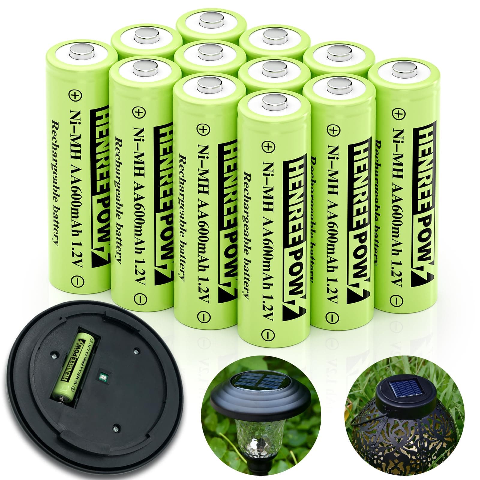 Henreepow 12-Pack Rechargeable AA Solar Batteries Ni-Mh 1.2v 600mAh Pre-Charged Double A Battery for Outdoor Solar Garden Landscape LightsCarbonfree Certified