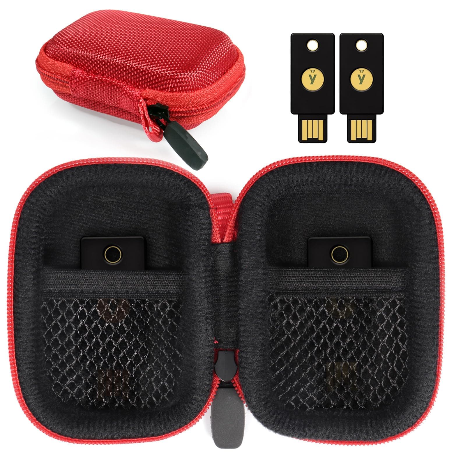 Security Key Case compatible with Yubico YubiKey 5Ci NFC, 5Ci, NFC, 5 Nano, OnlyKey FIDO2, FIDO, U2F, Thetis, dual mesh pocket for more security keys (Red)