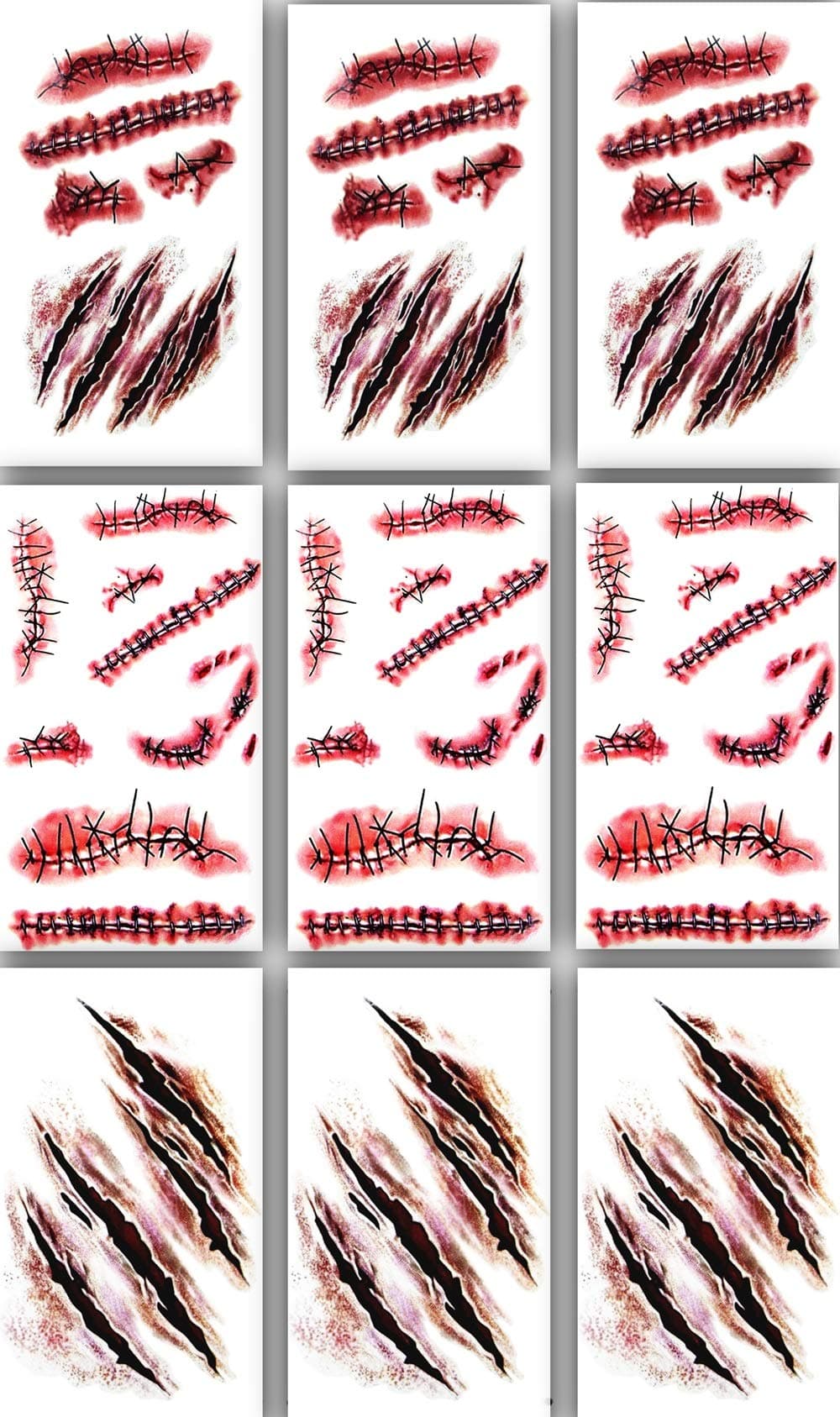 longsen 9pcs Horror Realistic Fake Bloody Wound Stitch Scar Scab Waterproof Temporary Tattoo Sticker Halloween Masquerade Prank Makeup Props