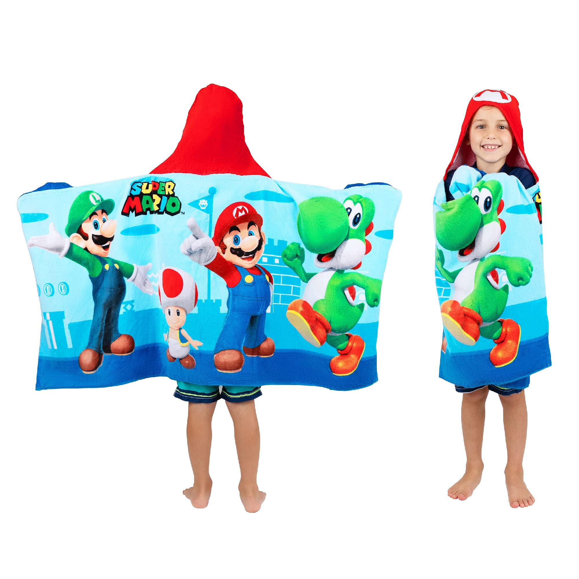 Franco Super Mario Bath/Pool/Beach Soft Cotton Terry Hooded Towel Wrap, 24 in x 50 in, By Kids