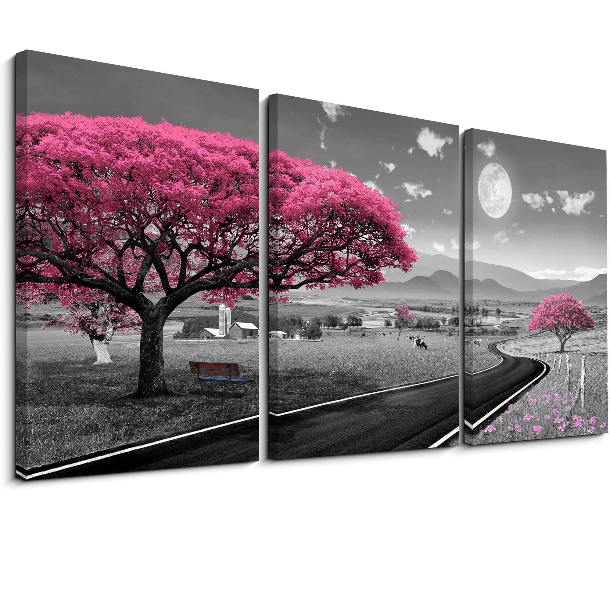 KLAKLA Rustic Countryside Landscape - Red Trees, Grazing Cows, Black and White Moon and Clouds - 3 Piece Canvas Wall Decor - Bedroom Wall Decor