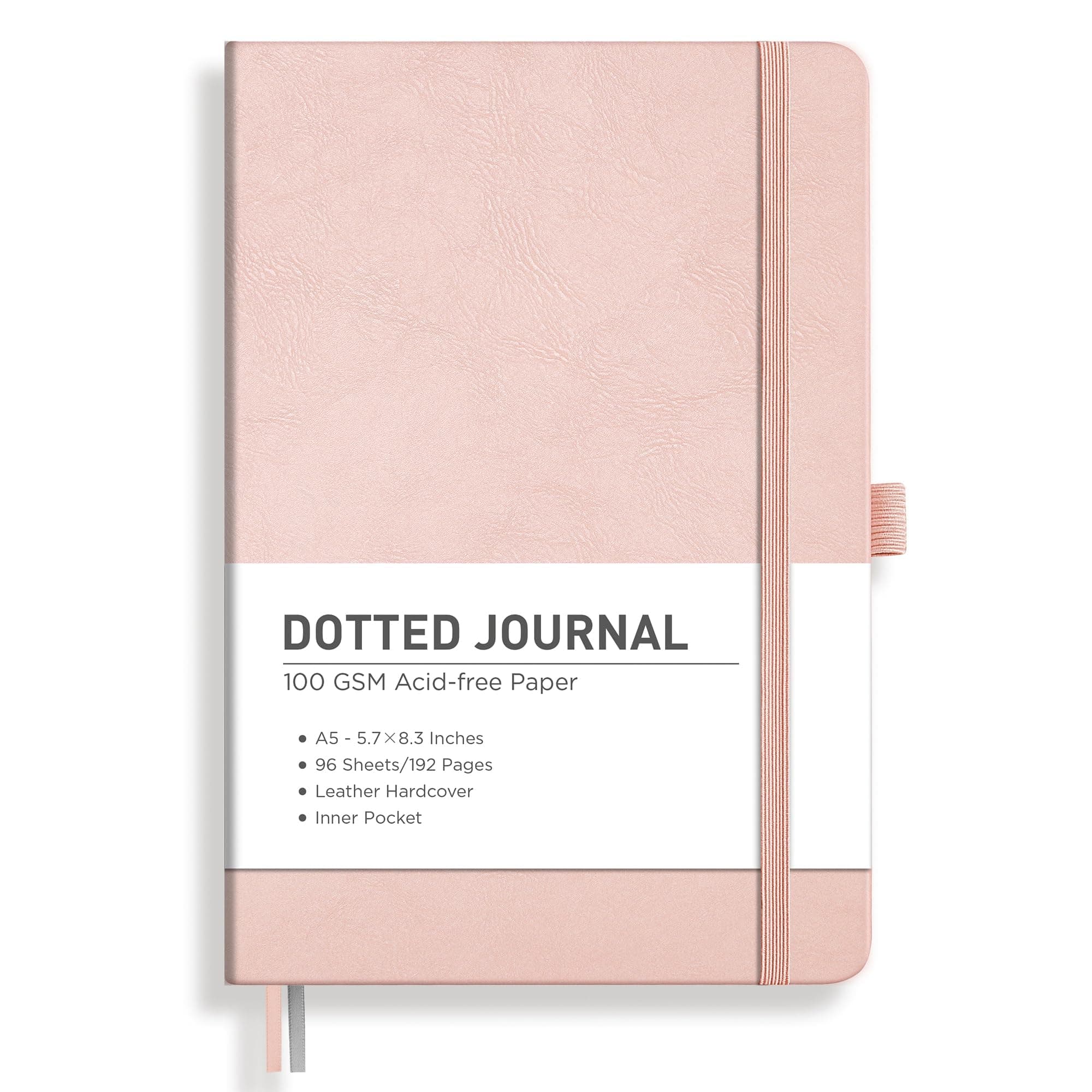 RETTACY Dotted Journal Notebook, 192 Pages, A5 Medium Size (5.7'' x 8.3''), Leather Hardcover, 100 GSM Thick Paper, for Journaling, Planning, Tracking (Rose Gold)