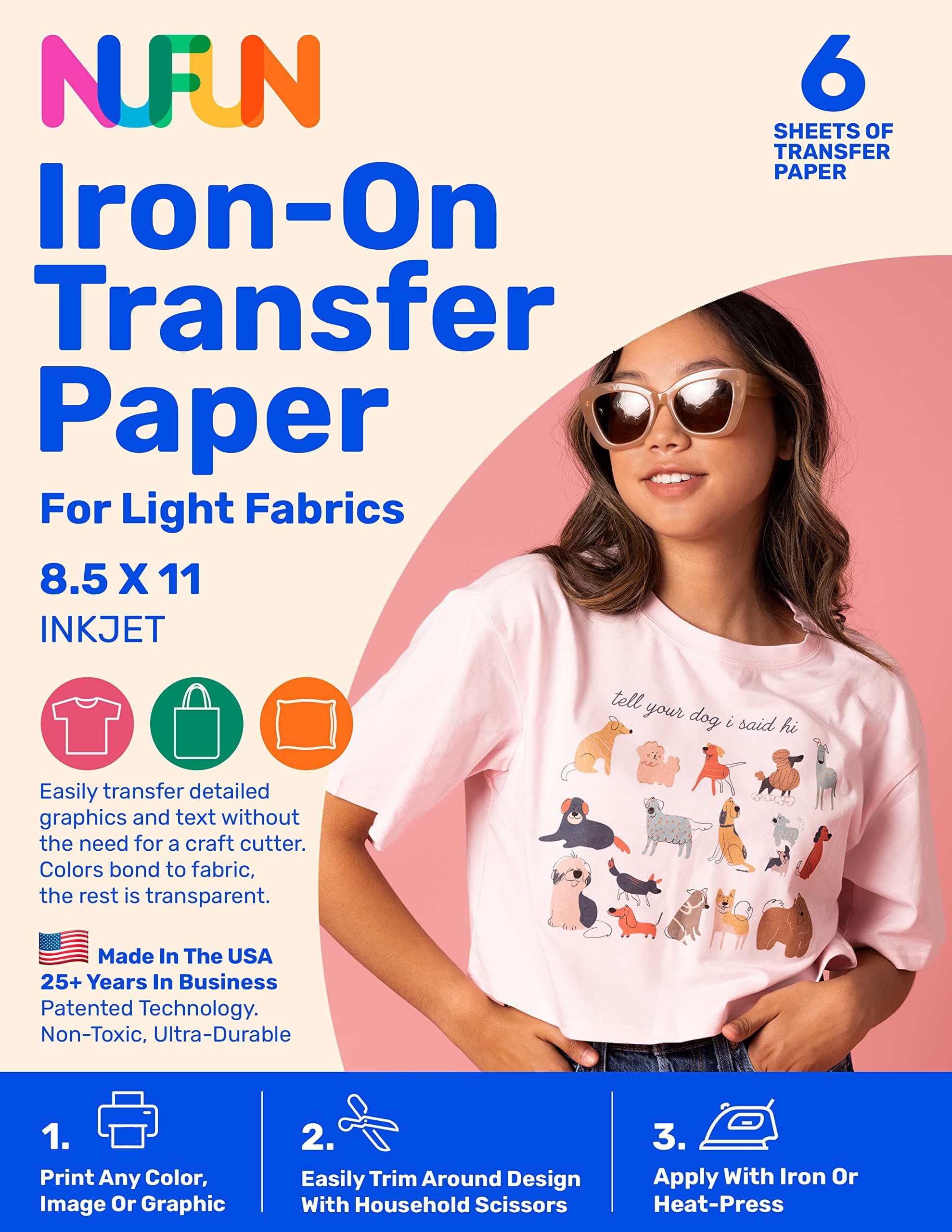 NuFun Activities Heat Transfer Paper for T Shirts, Light Fabrics, Inkjet Printable Iron-On Heat, 8.5 x 11 inch, Make Your own Custom T-Shirt