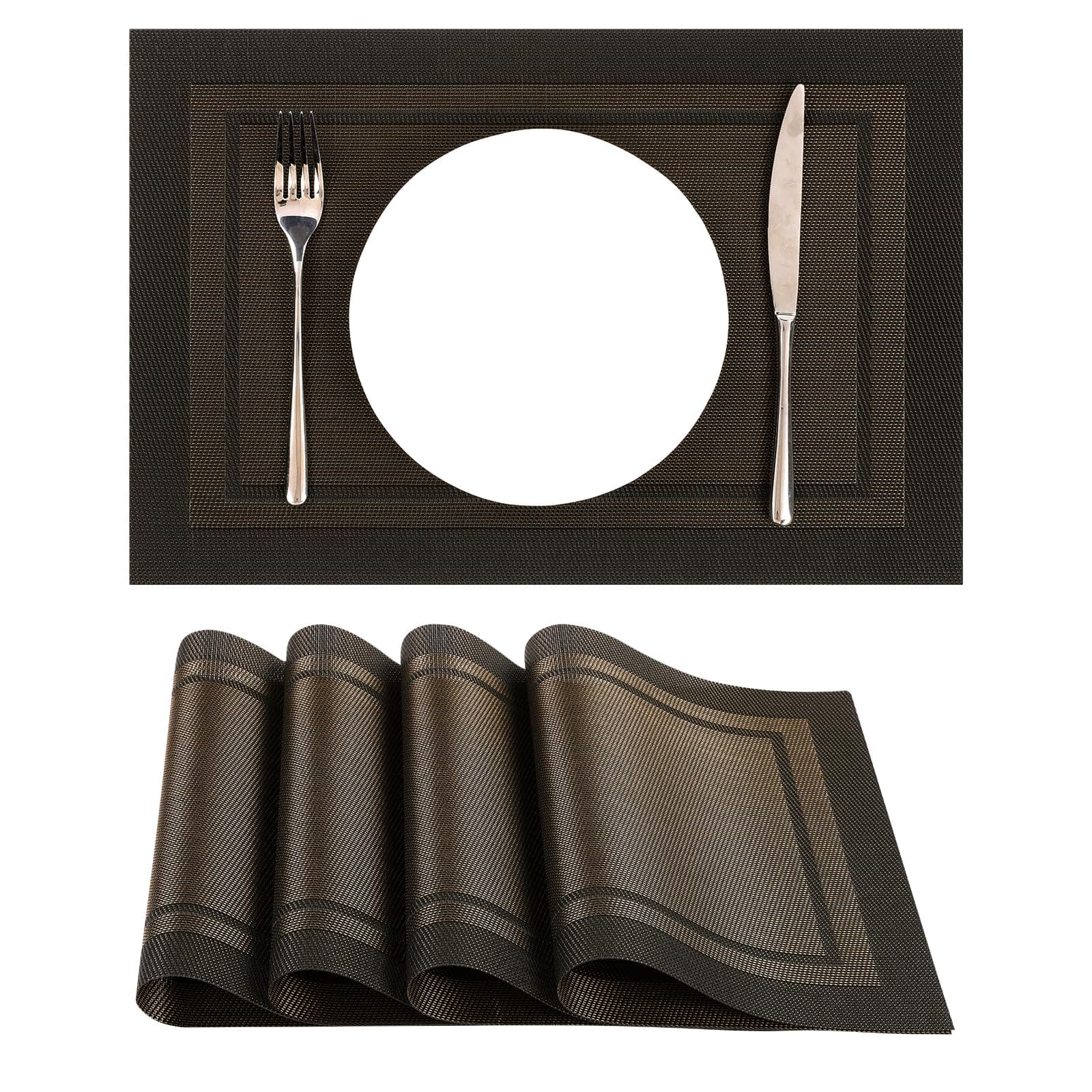 SHACOS Woven Vinyl Placemats Set of 4 Wipe Clean Place Mats for Dining Table Heat Resistant PVC Weave Table Mats Indoor Outdoor (4, Frame Black Gold)