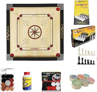 Carrom Board 28 INCH Medium Size with 1.5" Border & 3 mm Ply (Economy) with STRICKER & Accessories and Vista 11 INCH Chess Conquer Gift Set