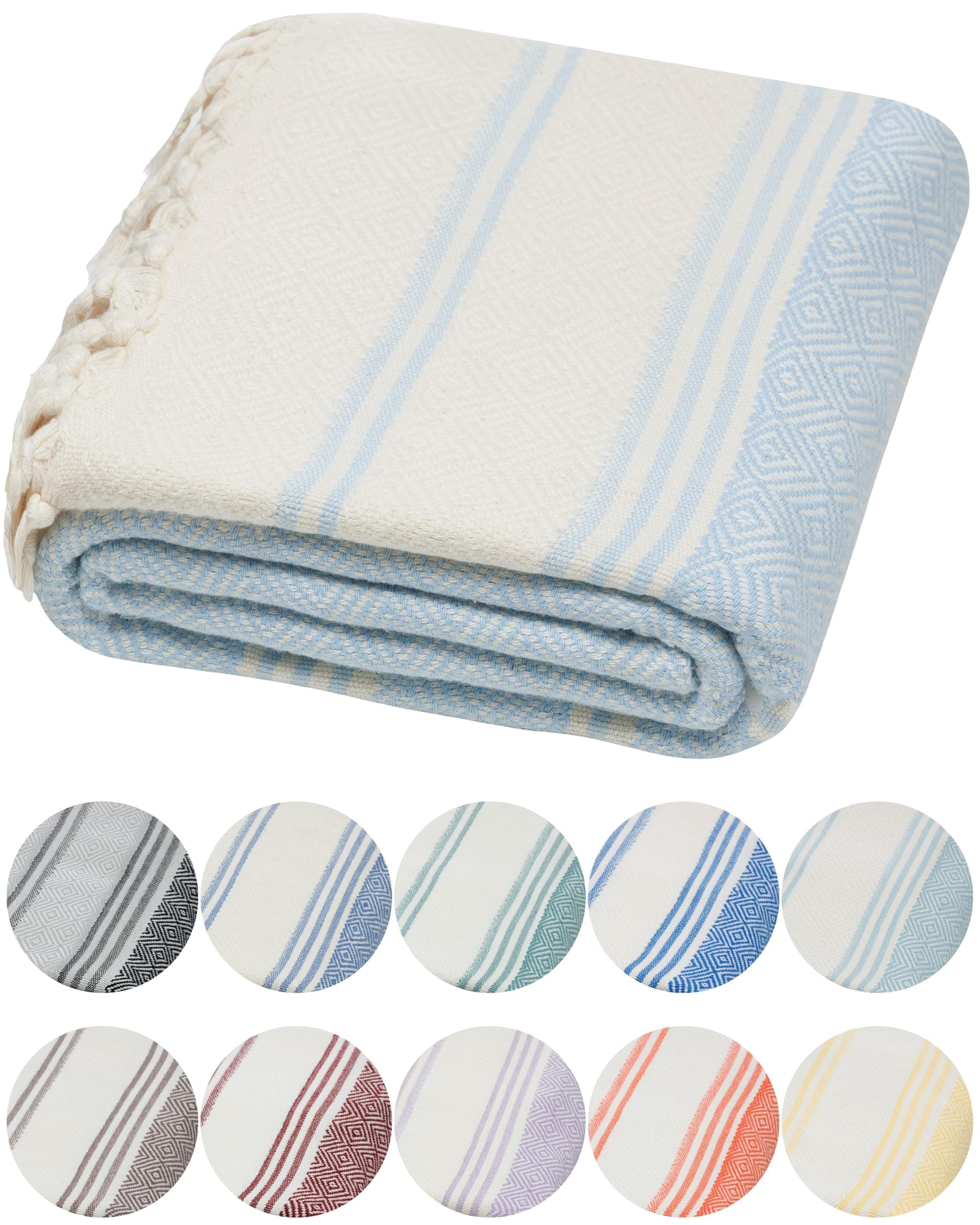 DEMMEX Organic Turkish Cotton Ultra Soft Bath and Beach Towel - Luxury Oversized Peshtemal for Bathroom and Beach - Lightweight Quick-Drying Beach Towel - Prewashed, Diamond Weave, 71x36'' (Sky Blue)