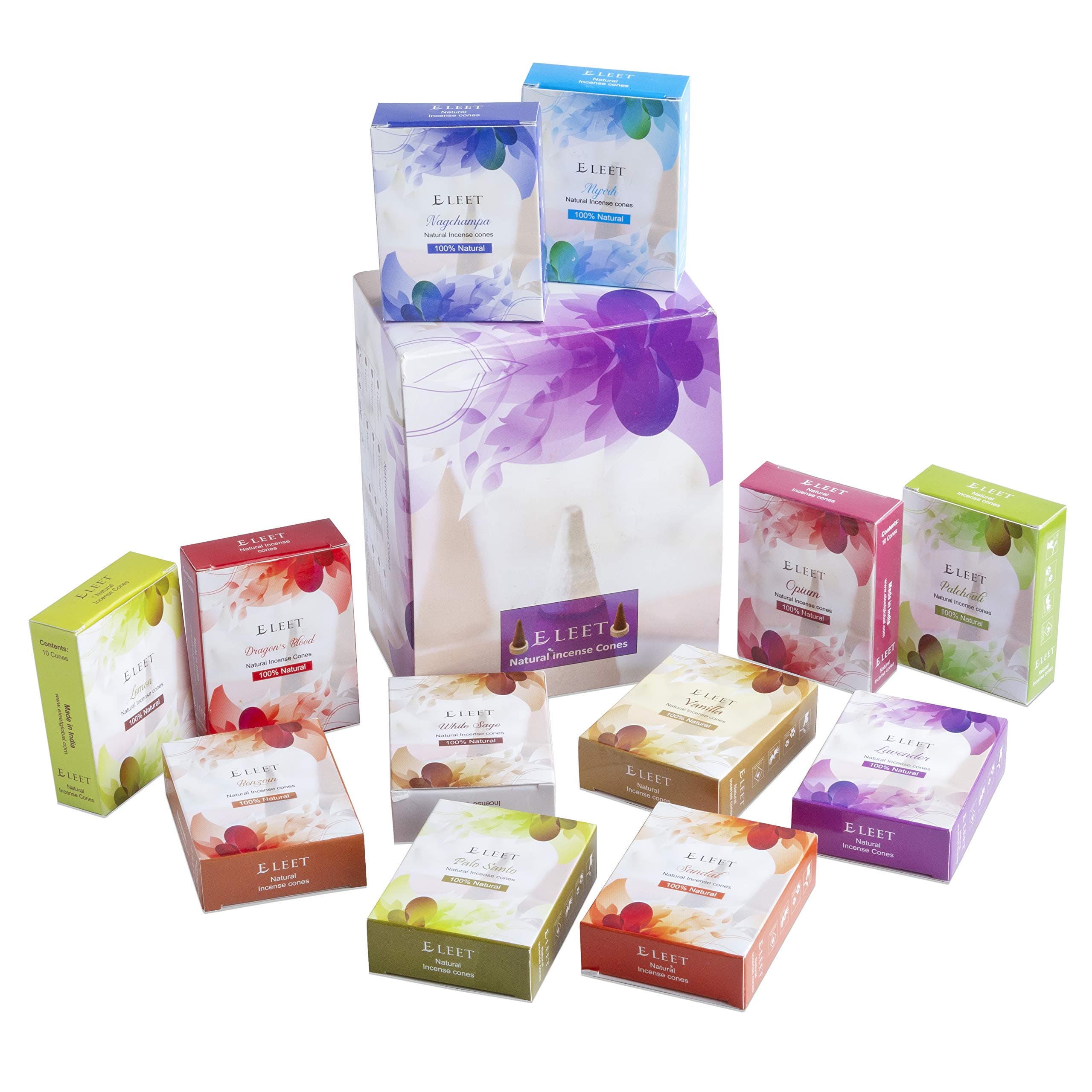 Eleet Assorted Natural Incense Cones - 12 Assorted Fragrances 10 Cones Each Incense Hand Rolled in India Total 120 Cones(12, Natural Incense Cones)