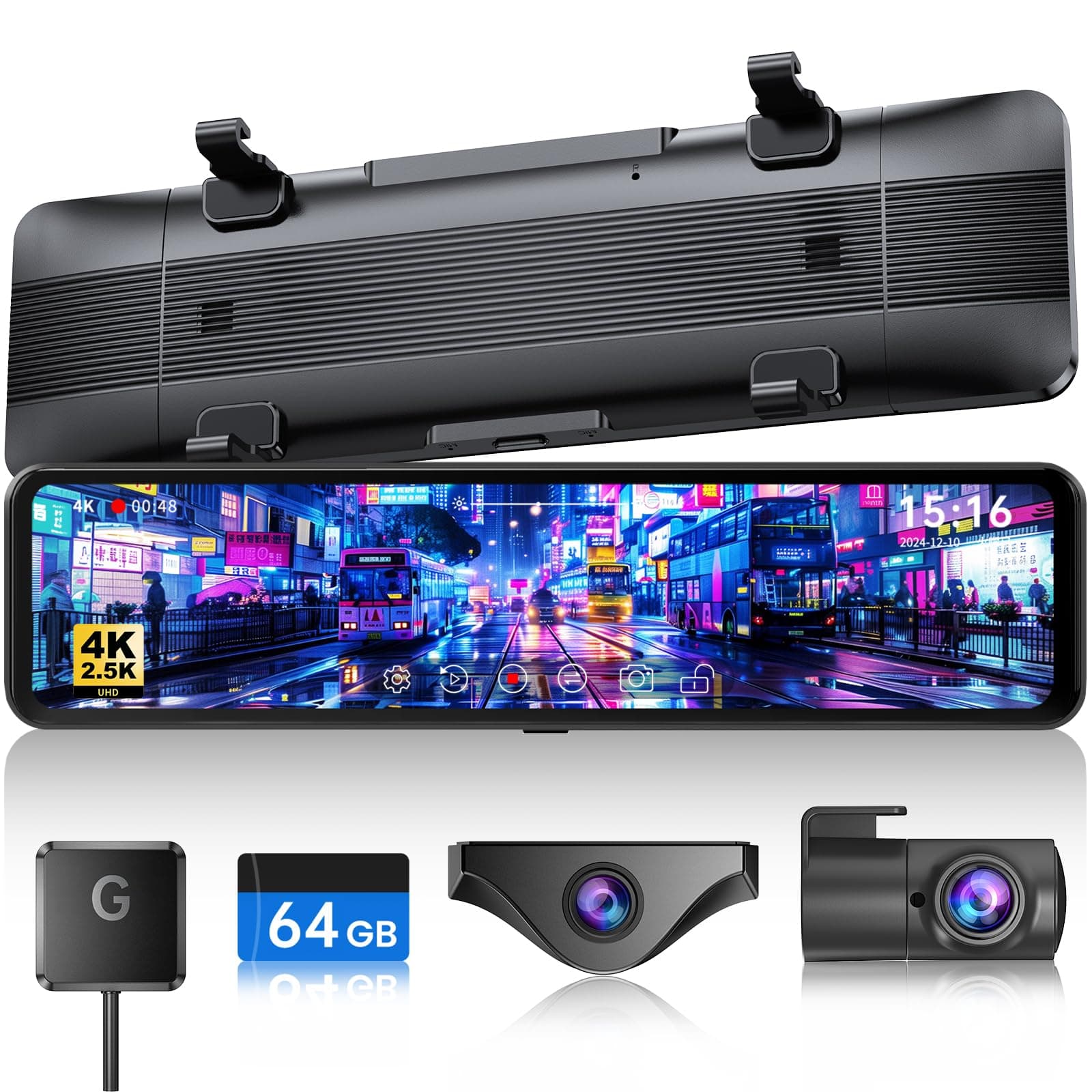 JOMISE T860+ Mirror Dash Cam 4K Front and 2.5K Rear, Detached Front Camera for 10-Minute Install, 3X Zoom Rear View Mirror Camera, 64GB Card Included, Night Vision, WDR, Parking Assist, GPS