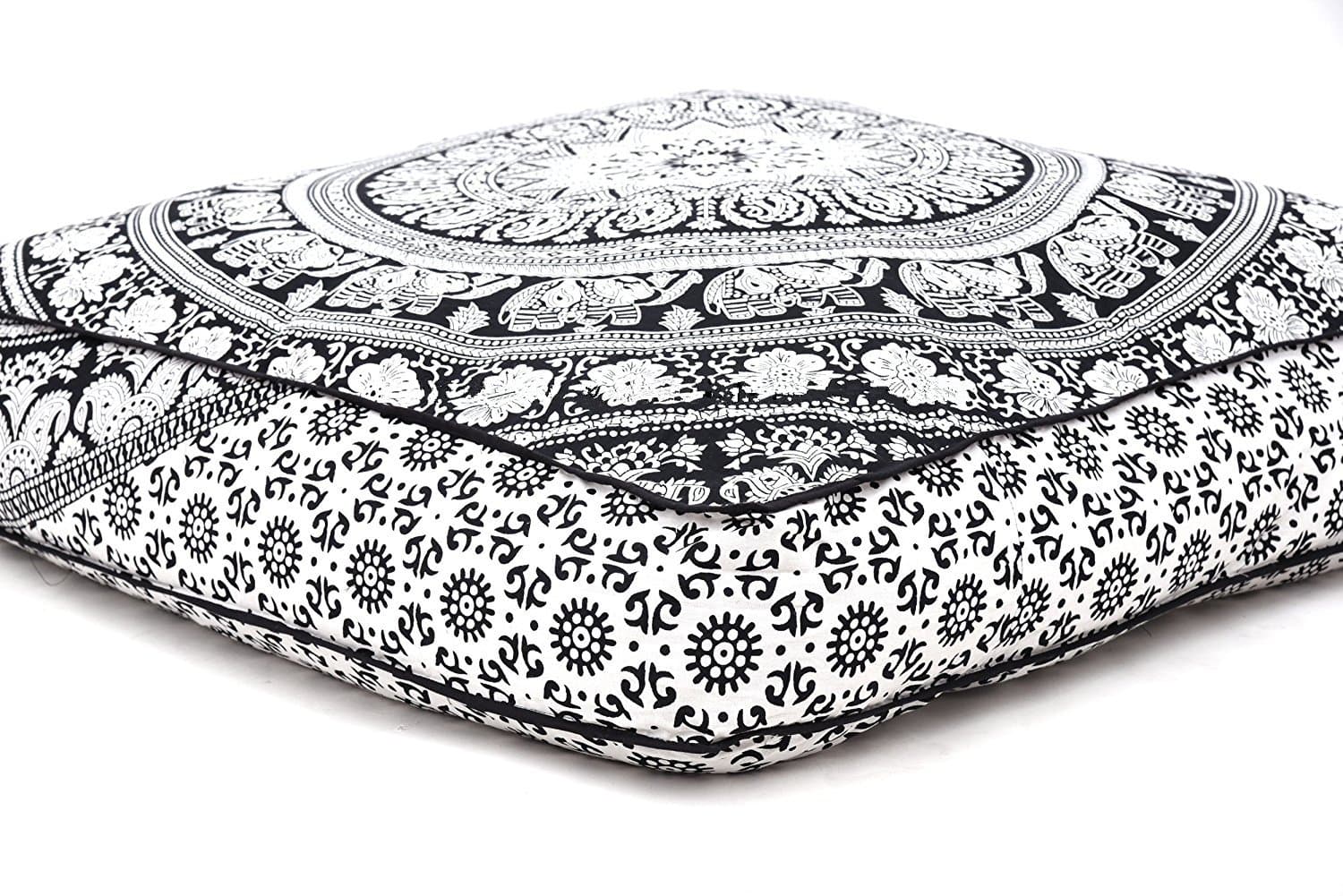 Shree Jinvaram Elephant Mandala Floor Pillow Indian Square Ottoman Pouf Large Meditation Pillow Oversized Outdoor Bed 35 x 35x Inch (Pillow Cover Only)