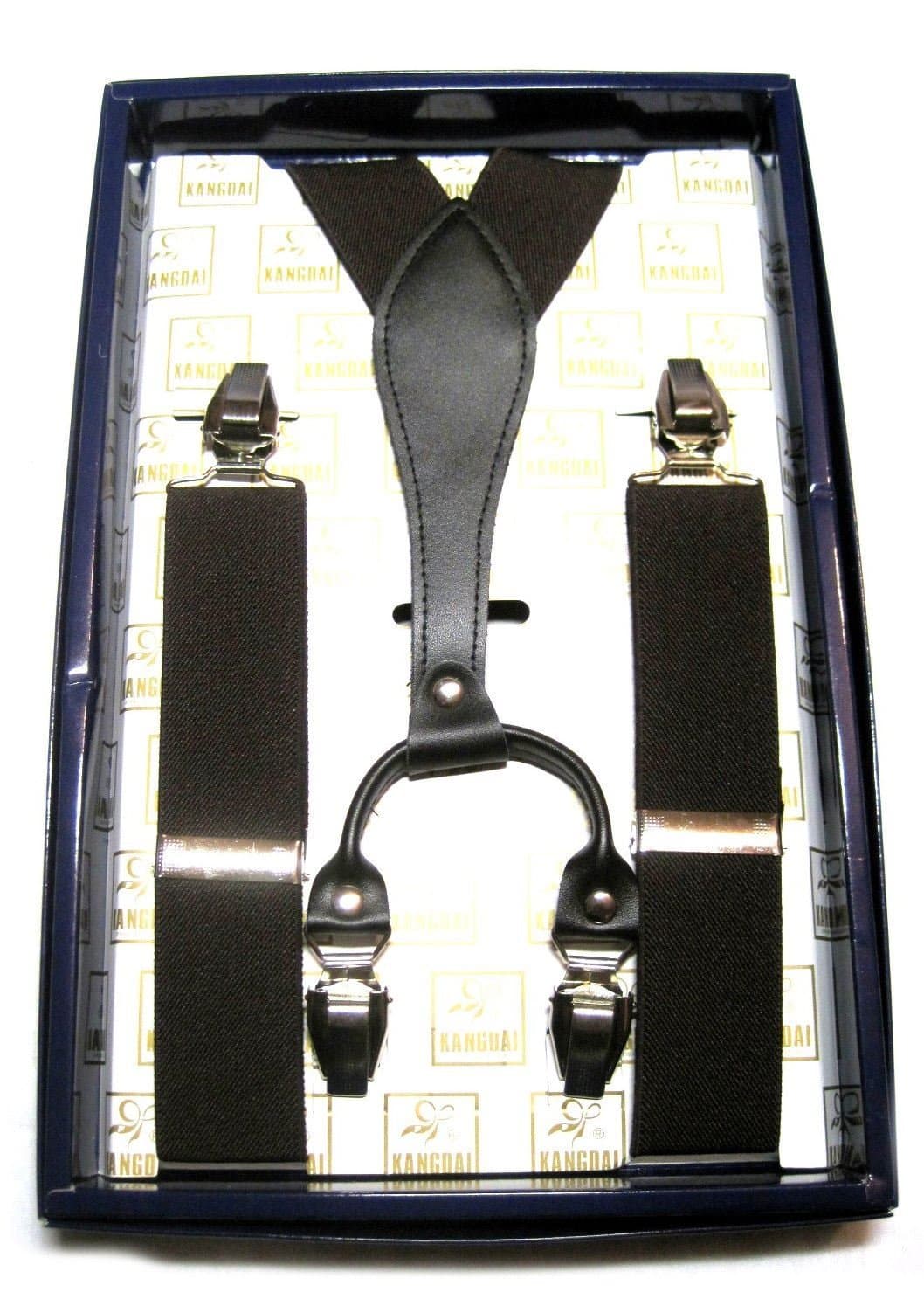 35mm Casual Elastic Men Suspender Braces Brown with Black Leather Junction Suspender Braces Model #18