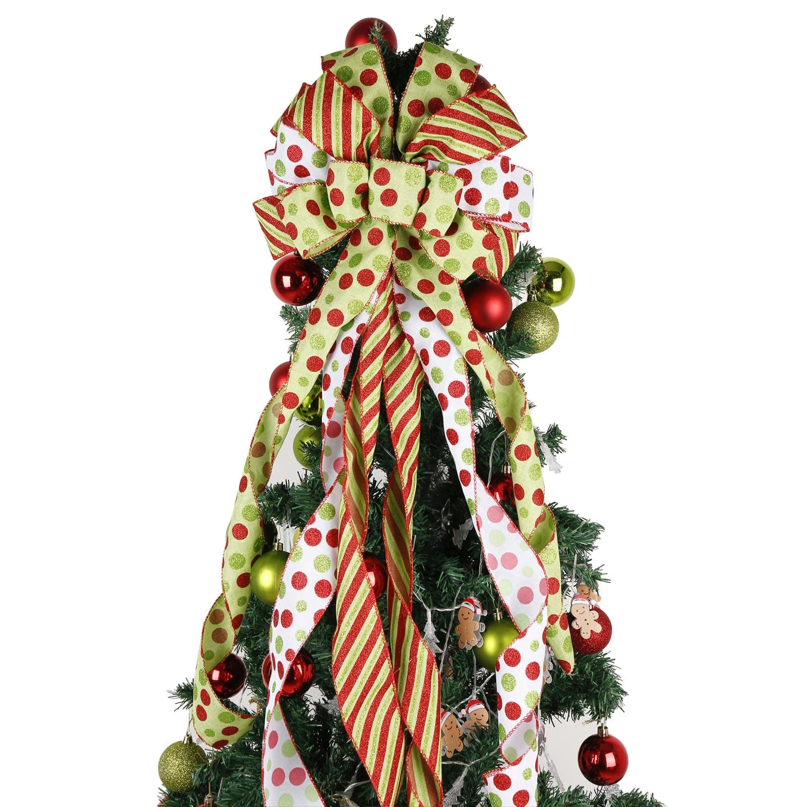 Red Green Christmas Tree Topper Bow Decorations,45"x13" Large Wreath Bows with Glitter Red Green Dot for Xmas Holiday Home Outdoor Indoor Decor