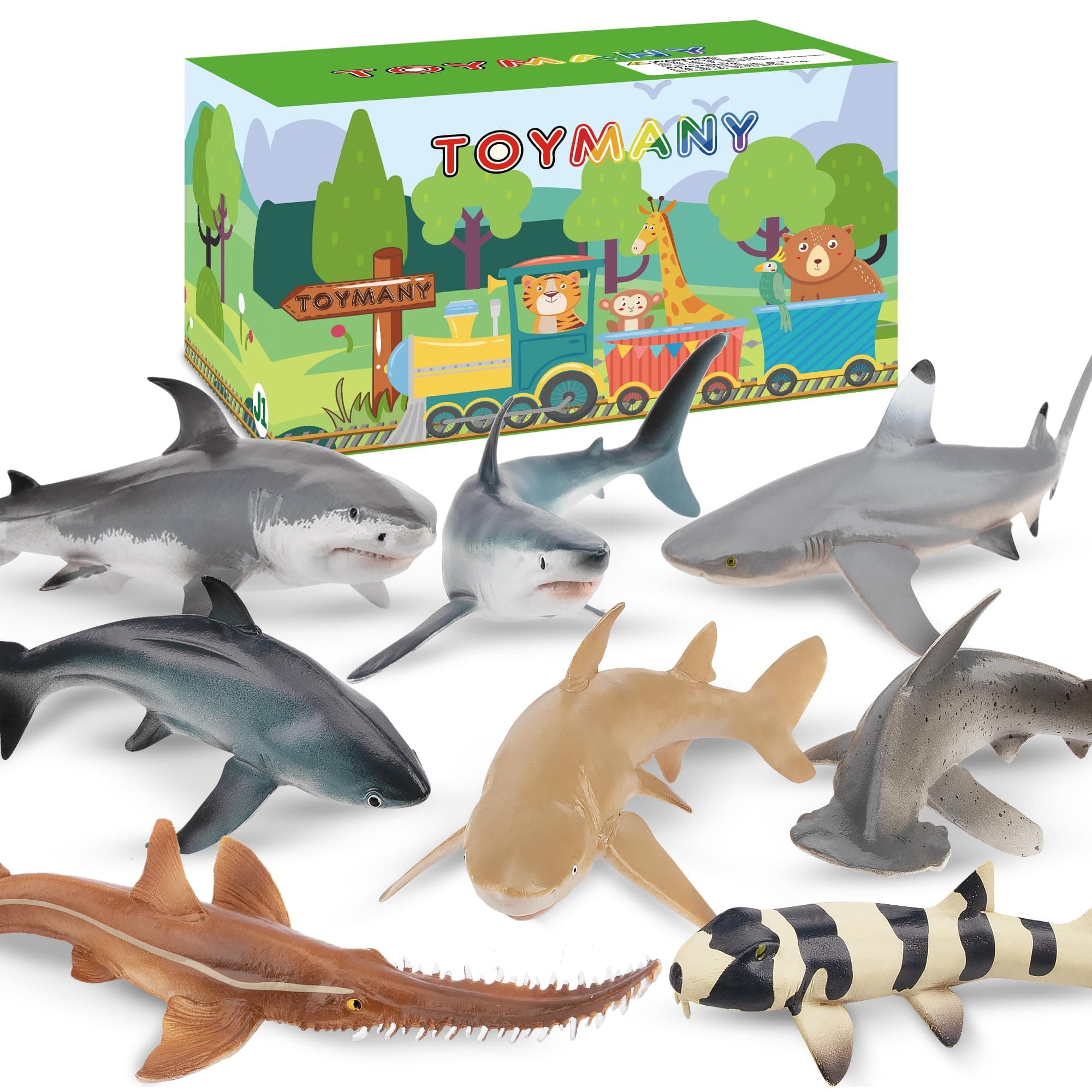 toymany 8PCS Shark Toys Sea Creature Animals Figures, Plastic Ocean Animal Figurines with White Shark Bathtub Toy Cake Topper Christmas Birthday Gift for Kids Toddlers