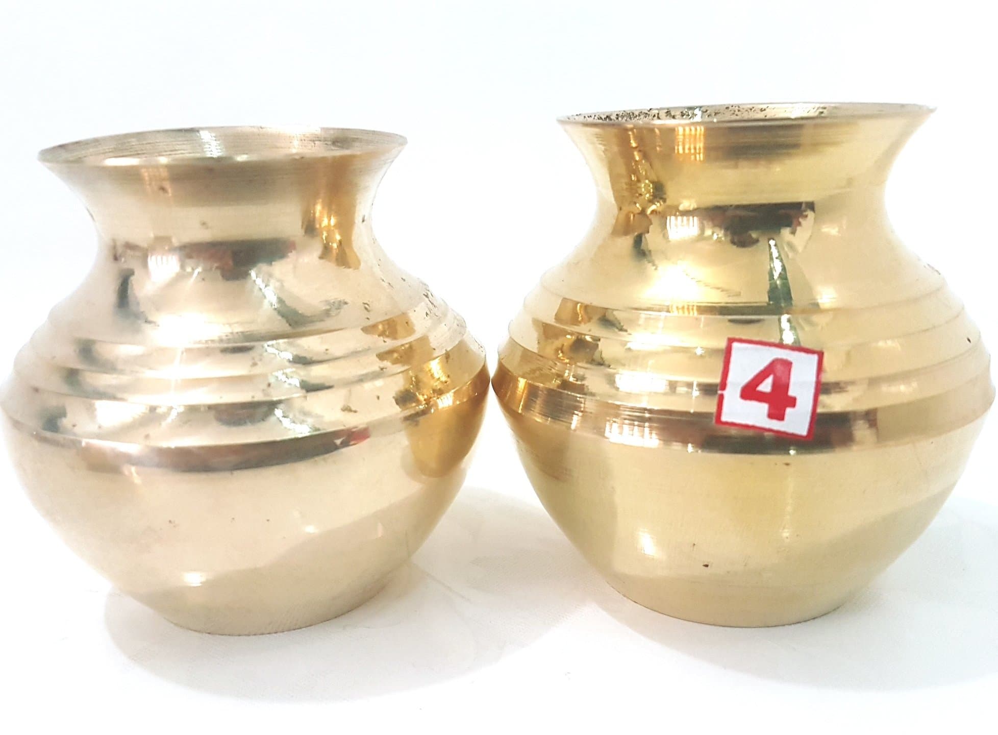 SET of 2 Pure Brass Kalash Pot 3" Lota Prasad Bhog Arti Vraja Krishna Ganesha Laxmi Pooja