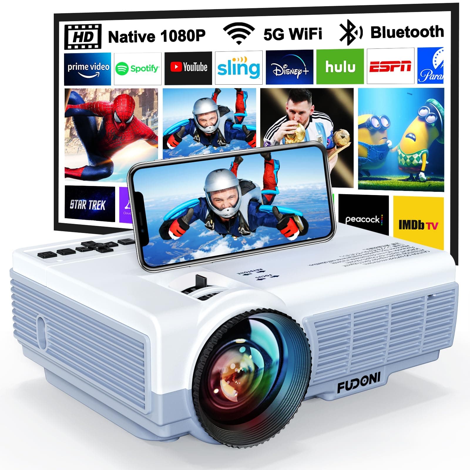 FUDONI Projector with WiFi and Bluetooth, 2022 Upgraded 5G WiFi Projector Native 1080P HD 4K Supported, Outdoor Projector with Screen, Portable Home Projector for HDMI, USB, Laptop, TV Stick, Phone