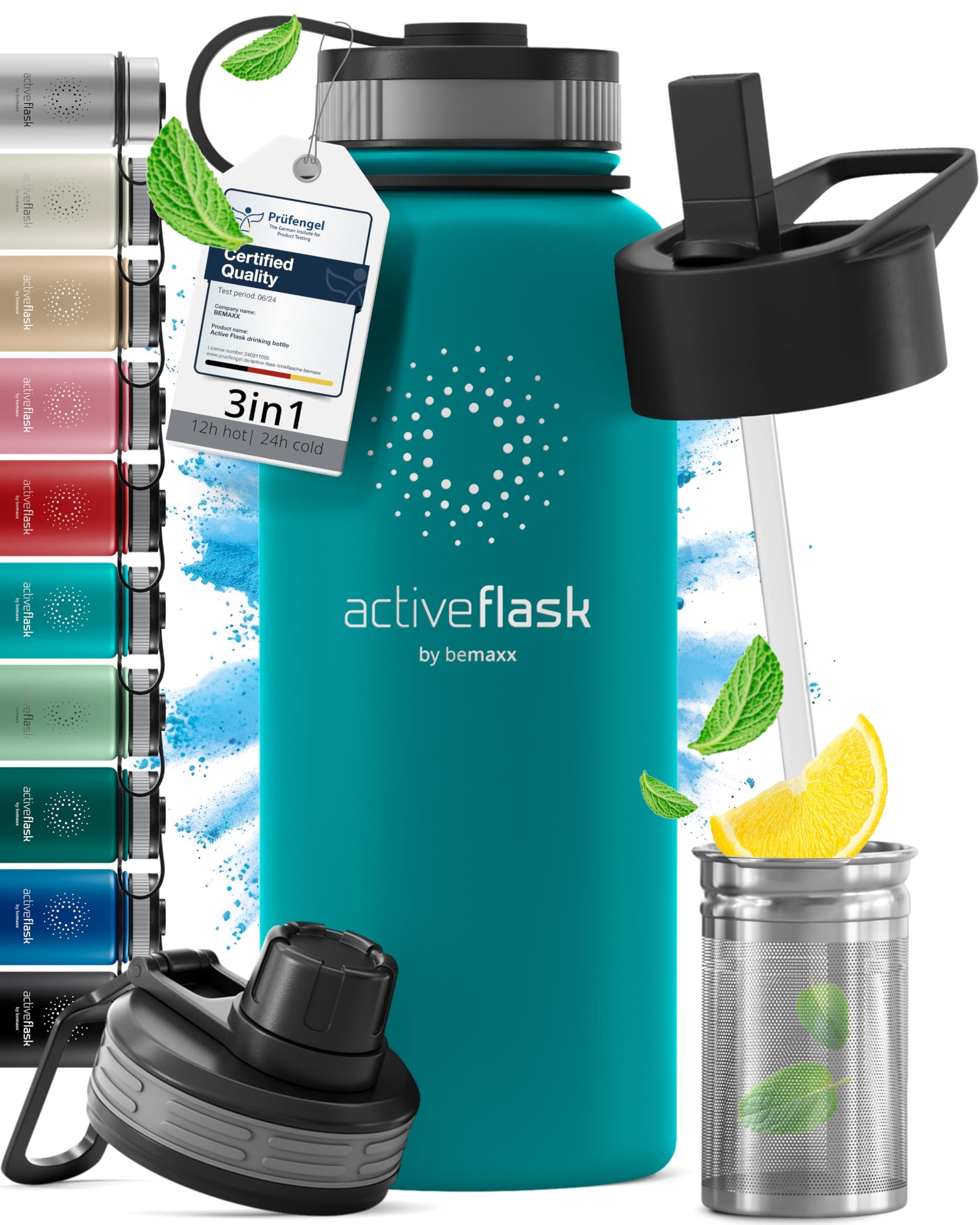 Stainless Steel Water Bottle with Straw & 3 Lids: 1 & 0,5L Leak-Proof BPA-Free Vacuum Insulated ACTIVE FLASK Drinking Bottles Hot Cold: Double Walled Outdoor Drink Thermo Mug Tea Coffee Sport Gym Bike