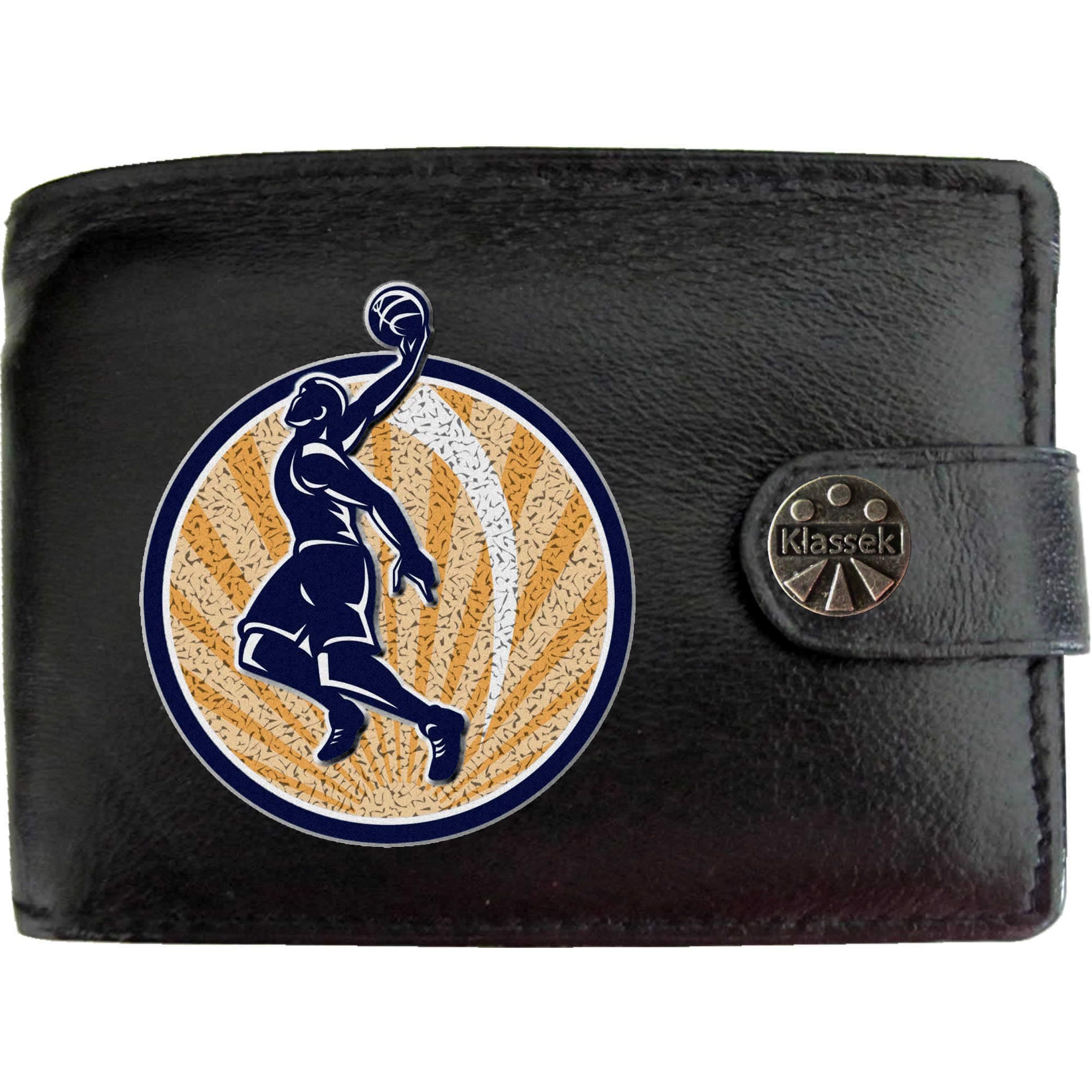 Basket Ball Player in Circle Basketball Sport Mens Wallet Real Black Leather RFID Blocking with Coin Pocket and Metal Gift Box