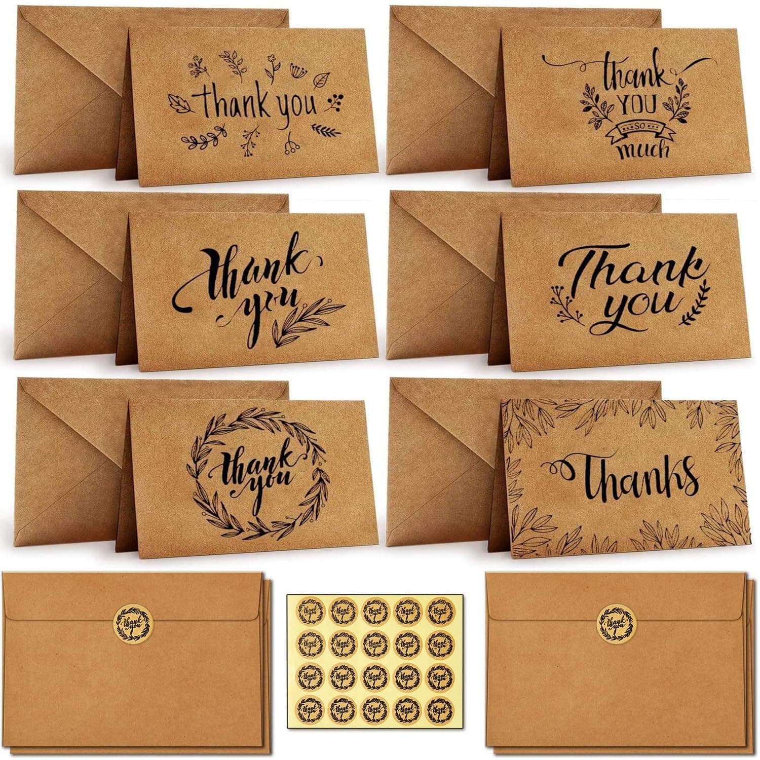 Premify 36 Pack Thank You Cards, 6 Design Kraft Paper Cards with Envelopes | Note Card & Stickers, Blank Inside for Thank U Greeting, Graduation, Wedding, Baby Shower, Birthday Party (4 x 6 In)