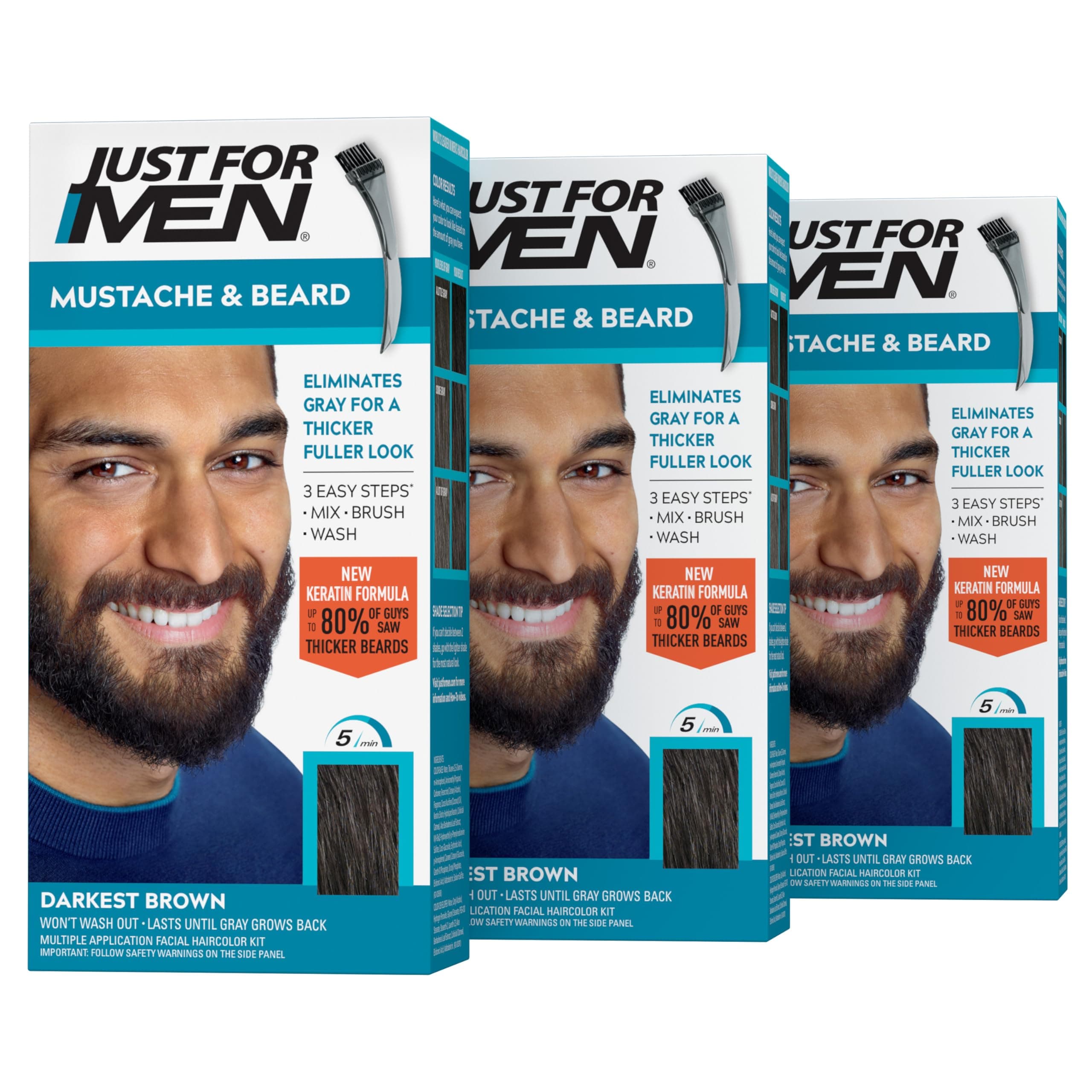 Just for Men Mustache and Beard Brush-In Color Gel, Darkest Brown (Pack of 3, Packaging May Vary)
