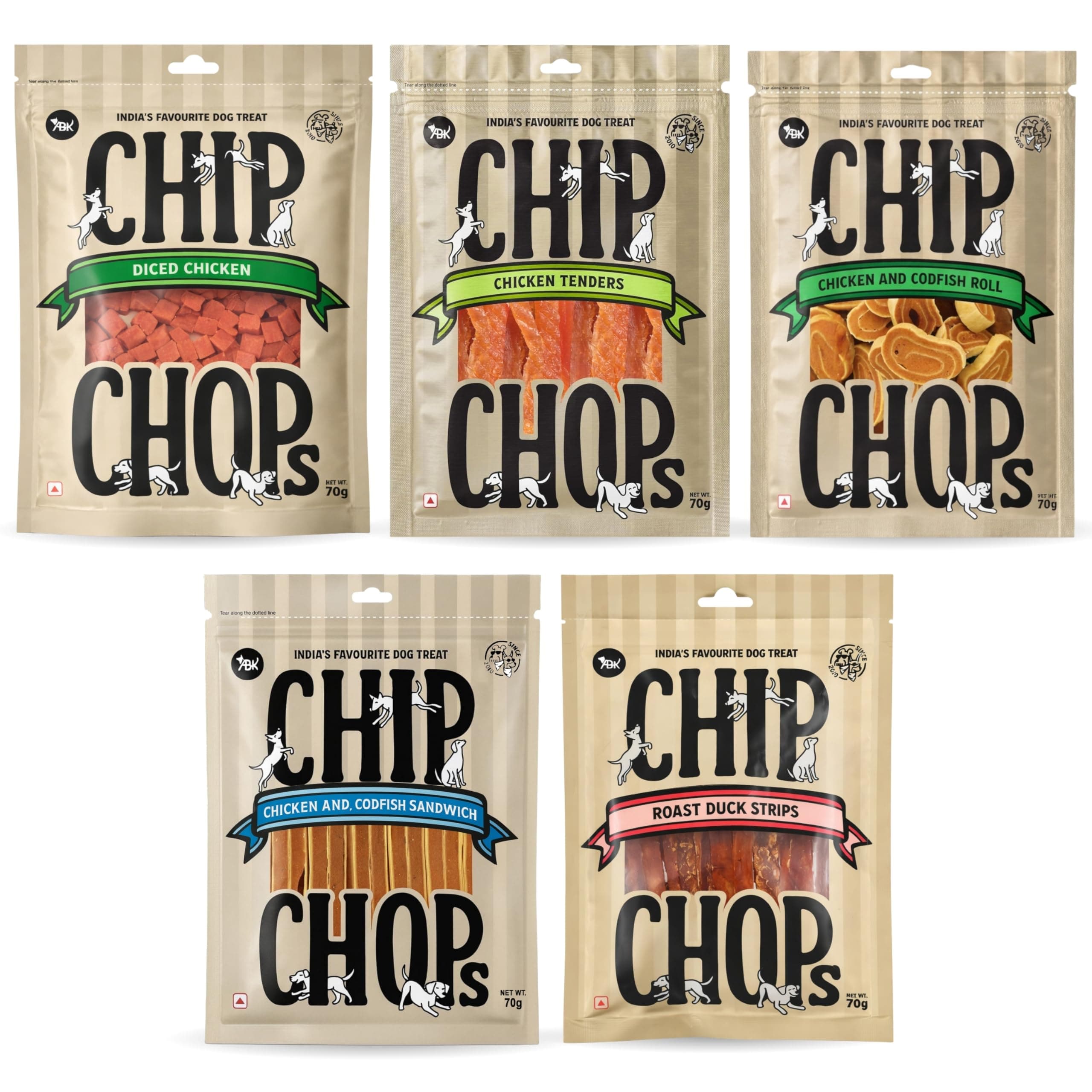 Chip Chop Dog Treat Combo of 5 - (70g Each, Mix Flavour) | Tender, Roast Duck, Codfish Sandwich, Chicken & Cod Roll, Diced Chicken | Sold by Foodie Puppies with Free Key Ring