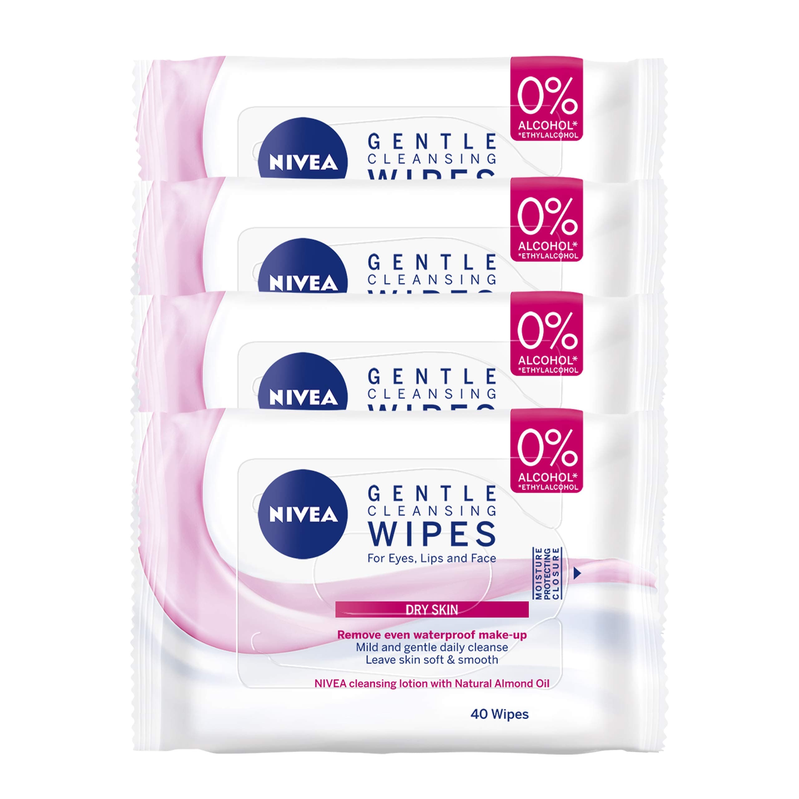 3 in 1 Caring Cleansing Wipes, Pack of 4 (4 x 40 wipes), Make-Up Wipes Enriched with Almond Oil, Cleansing Face Wipes