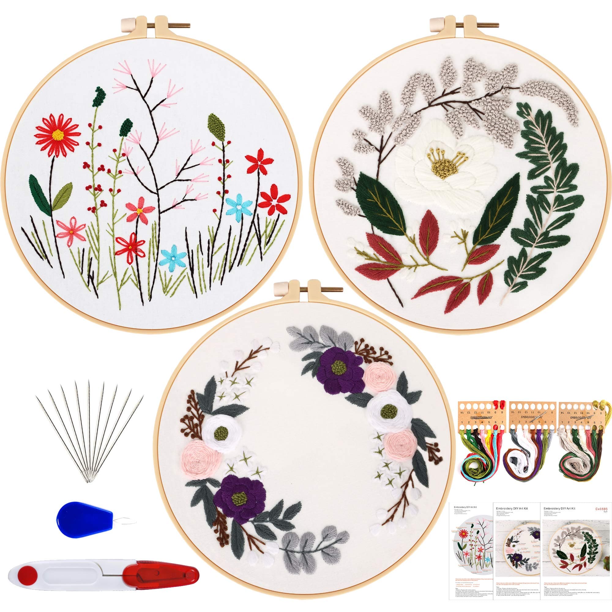 Embroidery Starter Kit, Embedo 3 Pack Cross Stitch Kit for Adult Beginners, Embroidery Cloth with Plants or Flowers Pattern, Embroidery Hoop, Color Threads, Scissor, Needles and Threader