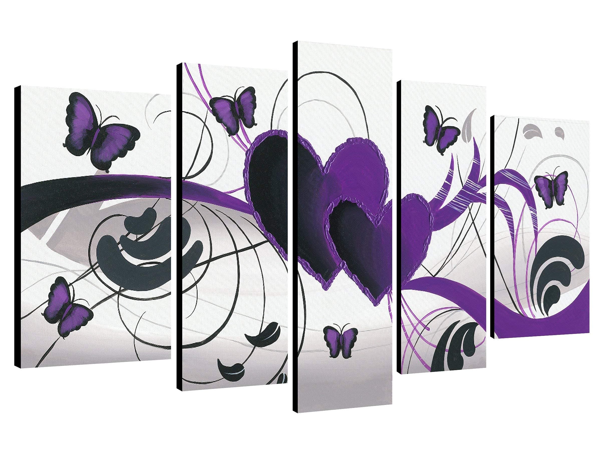 Wieco Art - Purple Love Butterfly 5 Panels Modern 100% Hand Painted Abstract Oil Paintings Artwork on Stretched and Framed Canvas Wall Art Ready to Hang for Wall Decor Home Decoration