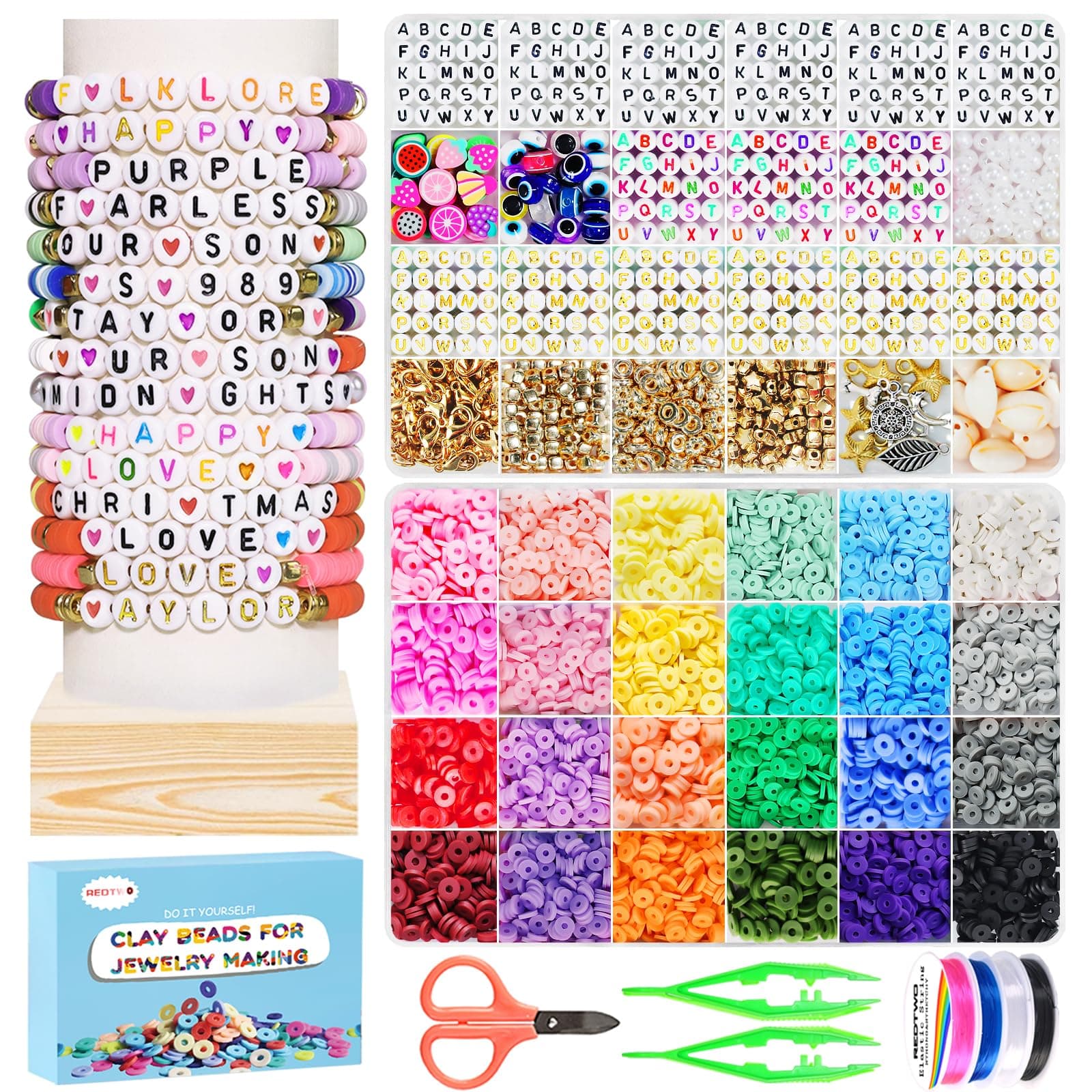 Redtwo 7200 Pcs Clay Beads Bracelet Making Kit, Preppy Friendship Flat Polymer Heishi Beads Jewelry Kits with Charms and Elastic Strings,Crafts Gifts Set for Girls Ages 8-12(2 Boxes)