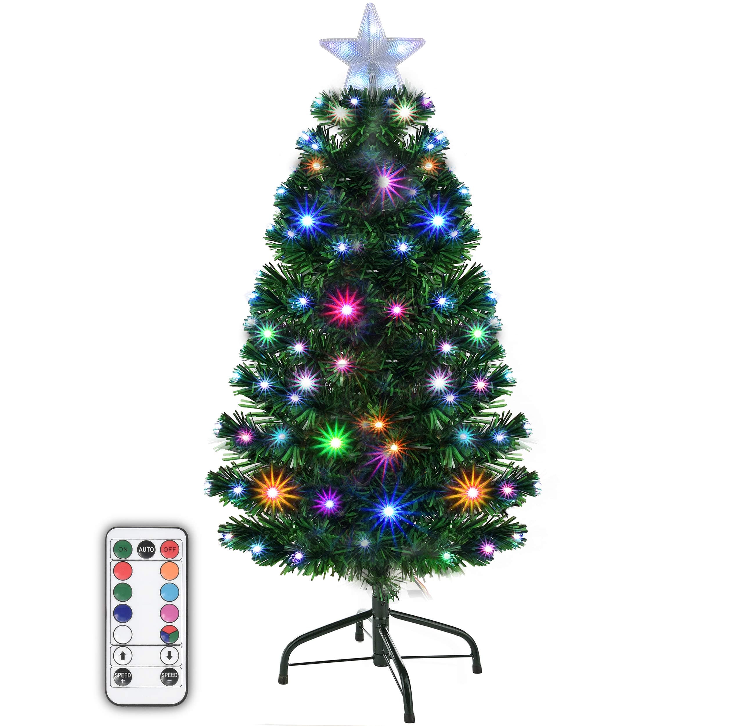 Holiday Essence Pre Lit Christmas Tree 4 Ft, Artificial Xmas Tree with Prelit LED Multi Color Lights, Star Tree Topper, Changing LEDs, 120 Full Hinged Tips, Metal Stand, UL Listed