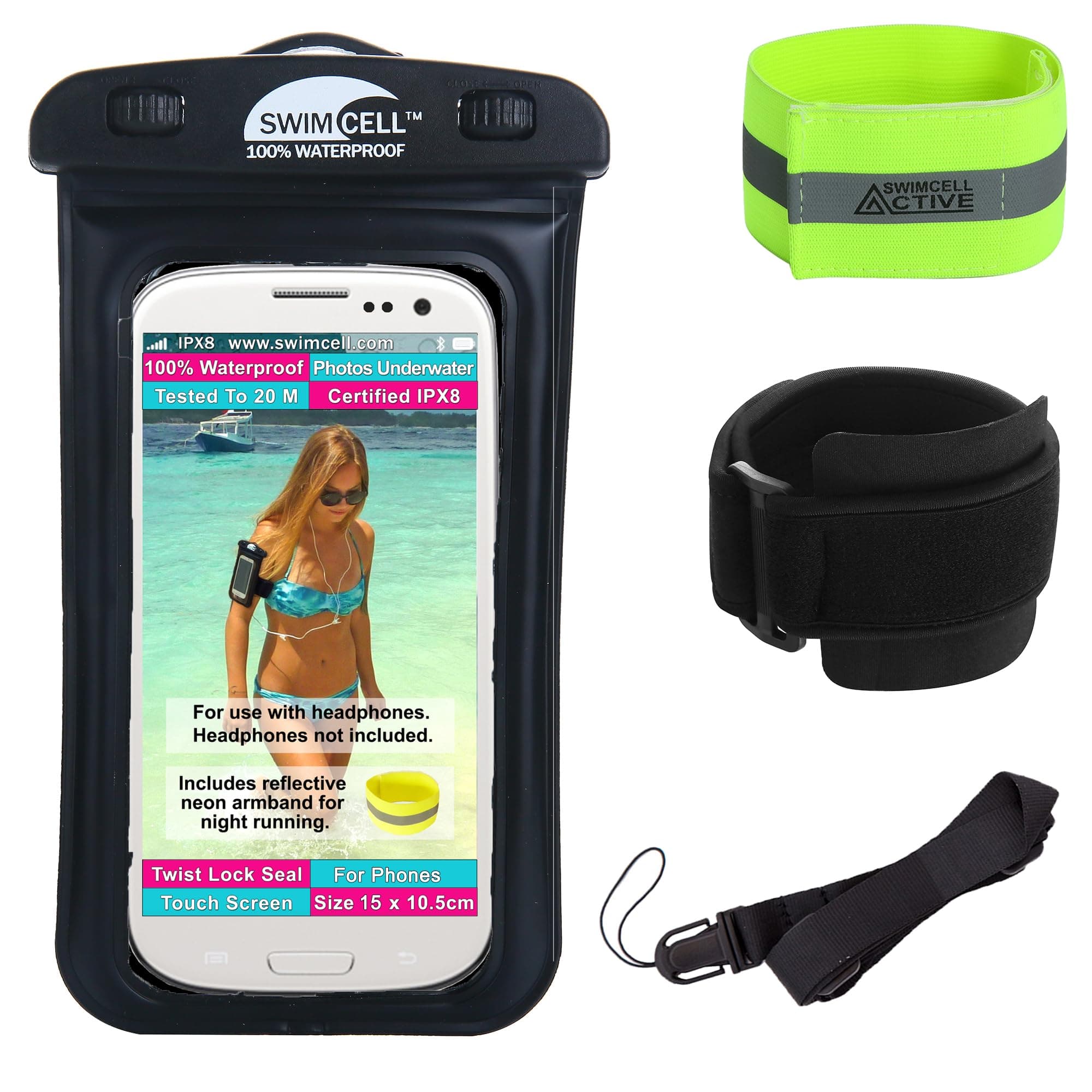 Waterproof Phone Holder Armband Case for Swimming Running Walking with Headphone Jack. Fits Standard Size Phones up to 5.9 inch/15cm- iPhone, Samsung. Android. Adjustable Armband and Neck Lanyard.