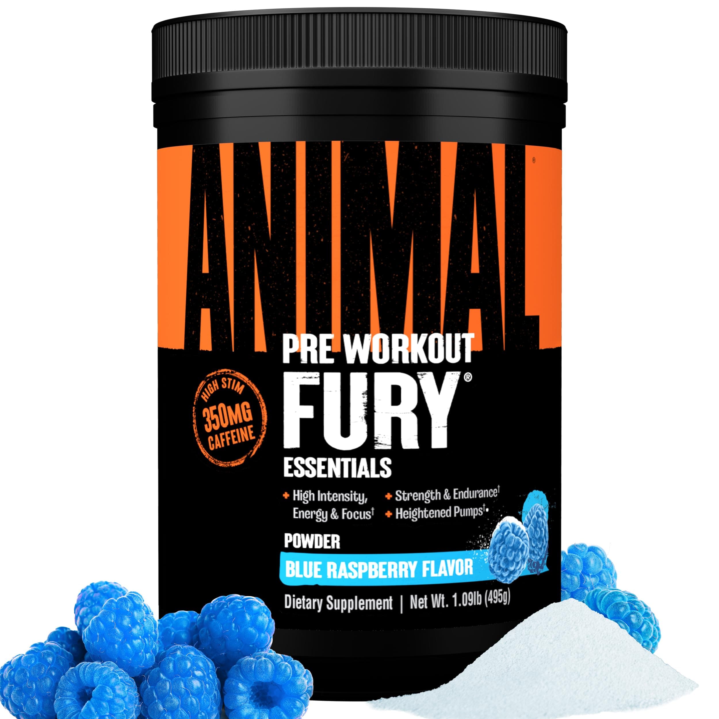 Animal Fury - Pre Workout Powder Supplement for Energy and Focus - 5g BCAA, 350mg Caffeine Nitric Oxide Without Creatine - Powerful Stimulant for Bodybuilders - Blue Raspberry