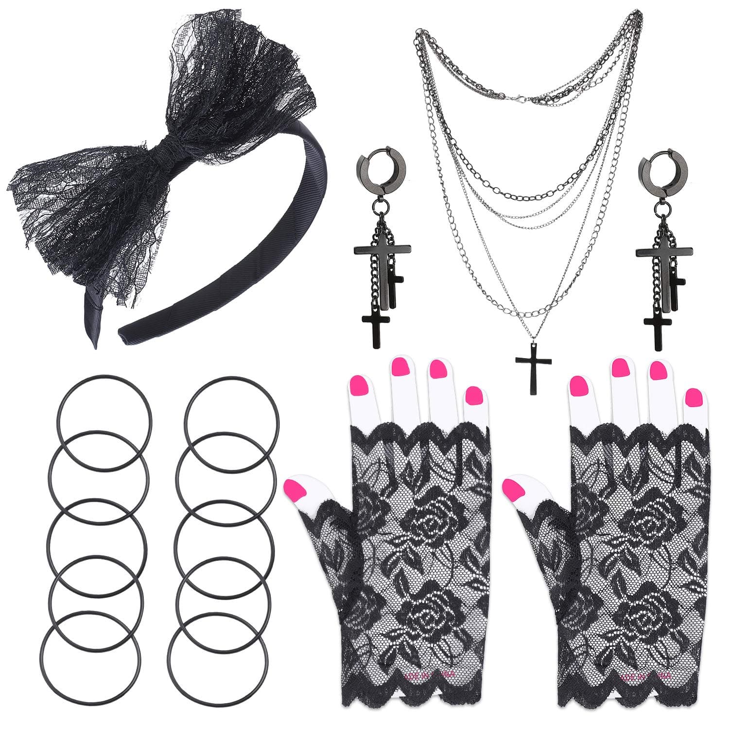 Beelittle 80s Costume Accessories Women Madonna Outfit with 1980s Fishnet Lace Gloves Bow Headband Earrings Necklace Bracelet