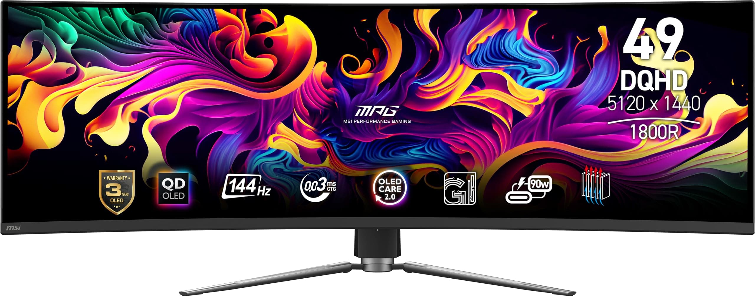 msi MPG 491CQP QD-OLED, 49 Curved OLED Gaming Monitor, 5120 x 1440 (DQHD), 0.03ms Response time, 144Hz, True Black HDR 400, HDMI, DP Port, USB Type C, Tilt, Height