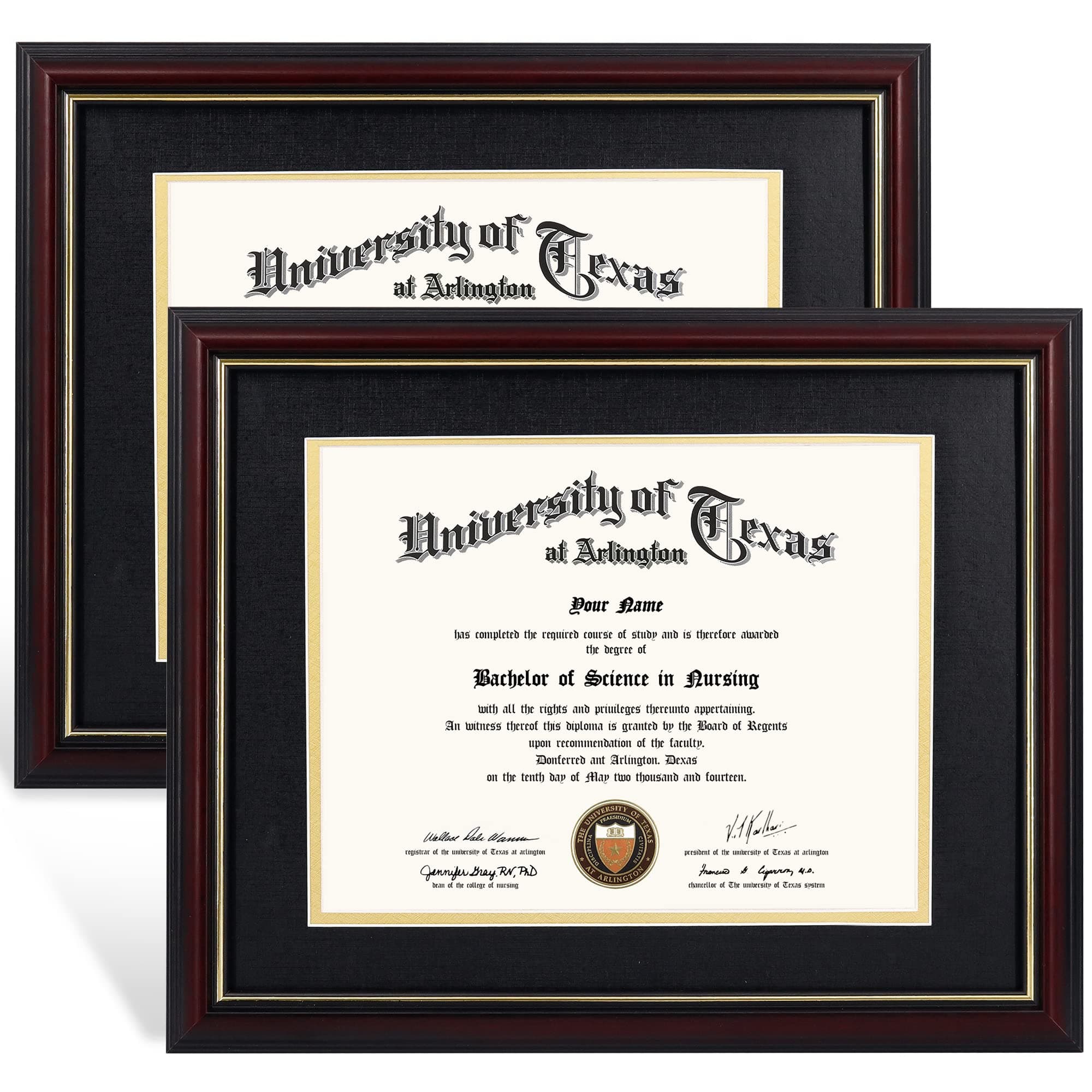 GraduationMall 8.5x11 Diploma Frame with Black over Gold Mat or Display 11x14 Certificate without Mat,Solid Wood & UV Protection Acrylic,Cherry Finish with Gold Trim,2 Pack