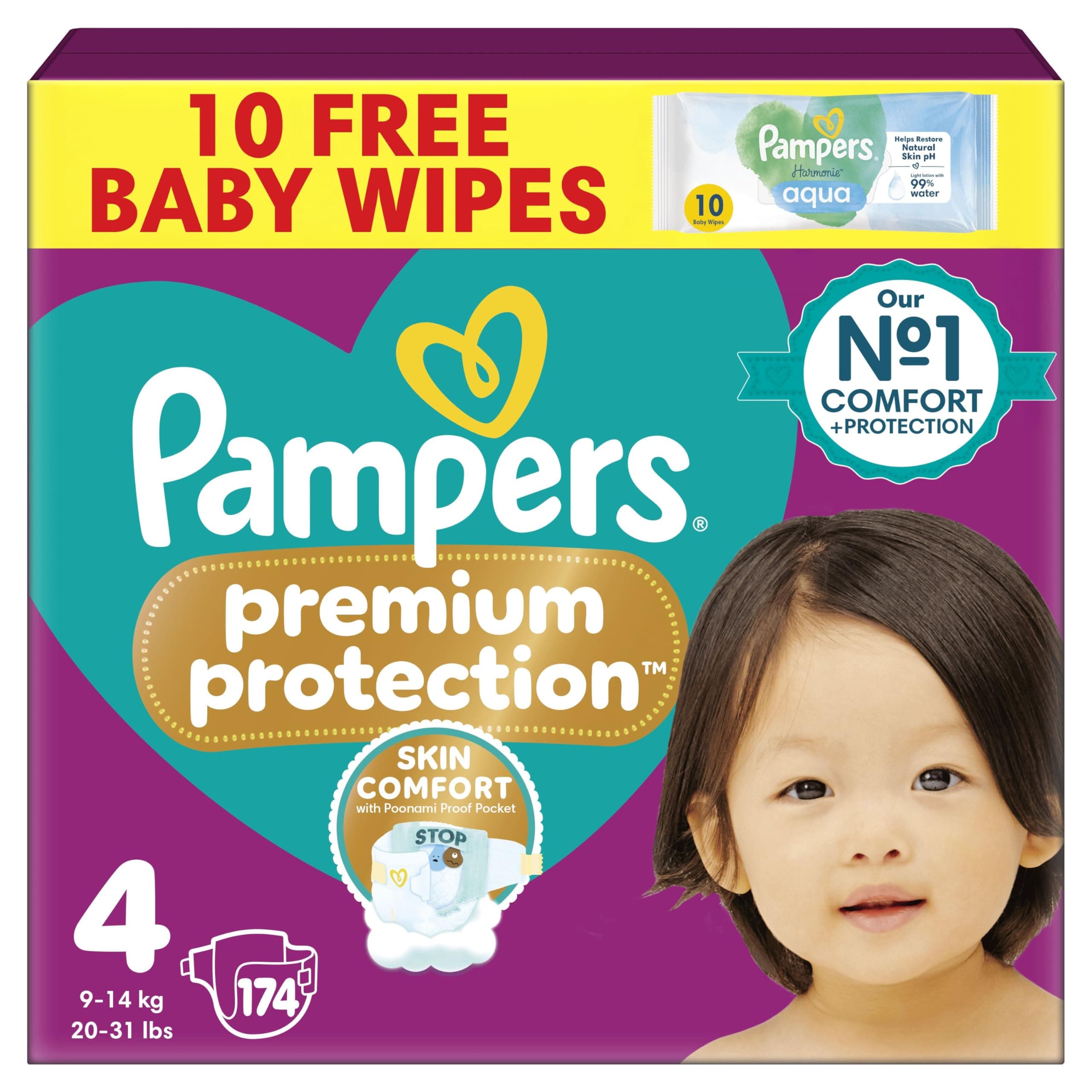Premium Protection Size 4, 174 Nappies, 9kg-14kg, Monthly Pack, Double protection - Skin comfort - Ultra-soft materials