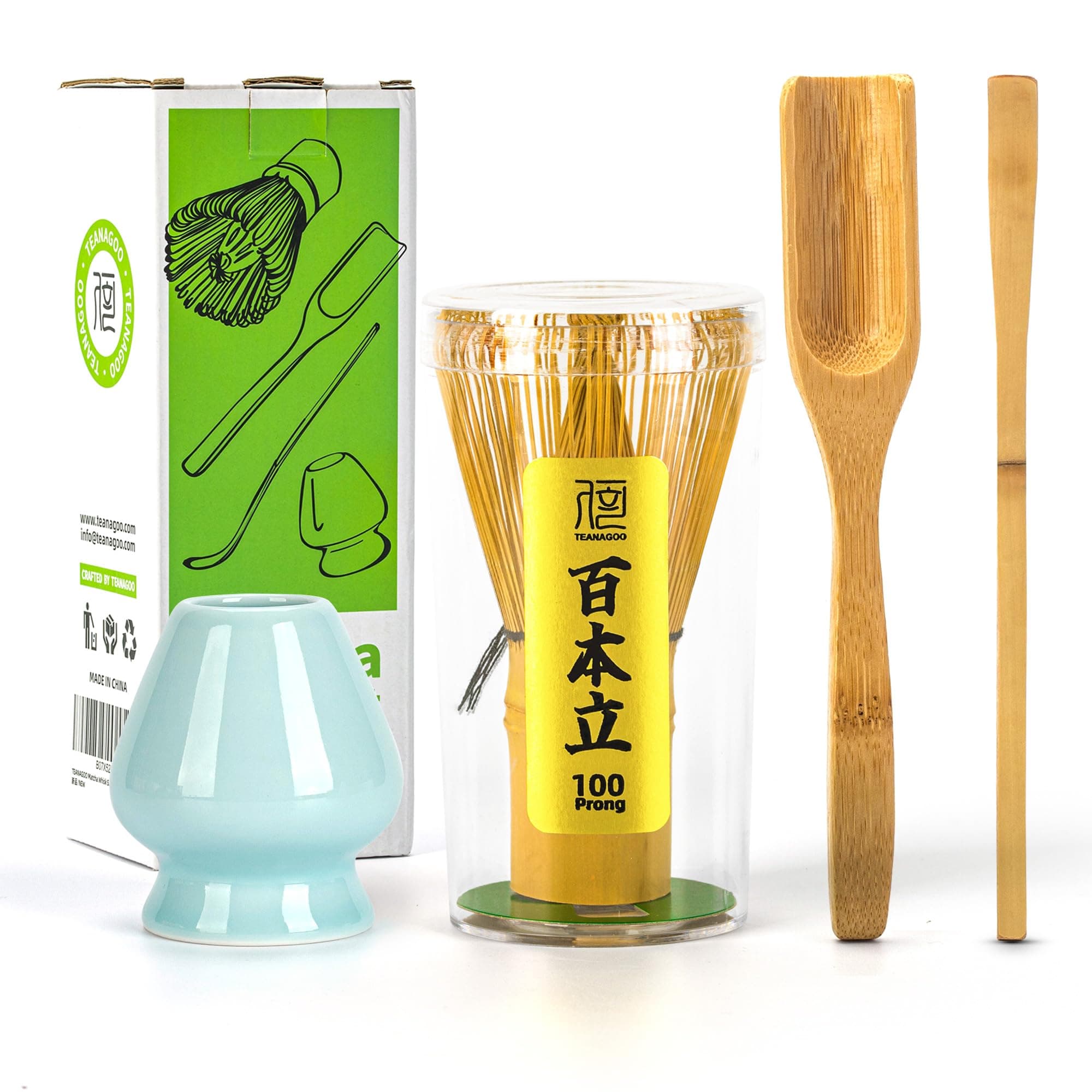 TEANAGOO Matcha Set, Bamboo Whisk (Chasen), 4 Pcs Matcha Kit，Traditional Scoop (Chashaku), Blue Celadon Whisk Holder, Perfect for Matcha Latte & Traditional Ceremonies | Premium Matcha Gift Set