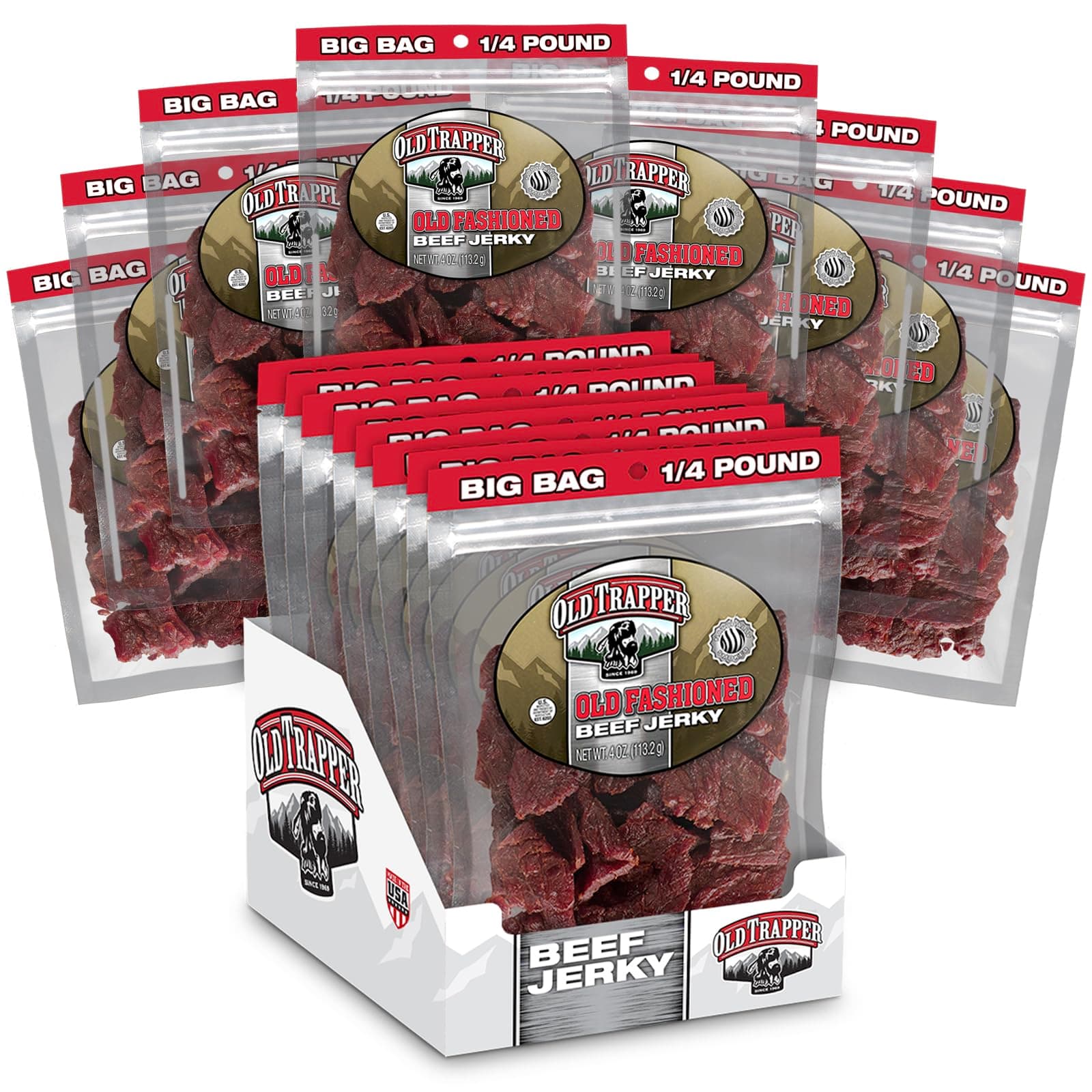 Old Trapper Beef Jerky, Old-Fashioned 1/4-Pound Individual Package, Tender Meat Snacks for Lunches or Between Meals, 11 Grams of Protein, Zero Grams of Fat, 70 Calories per Serving (Pack of 8)