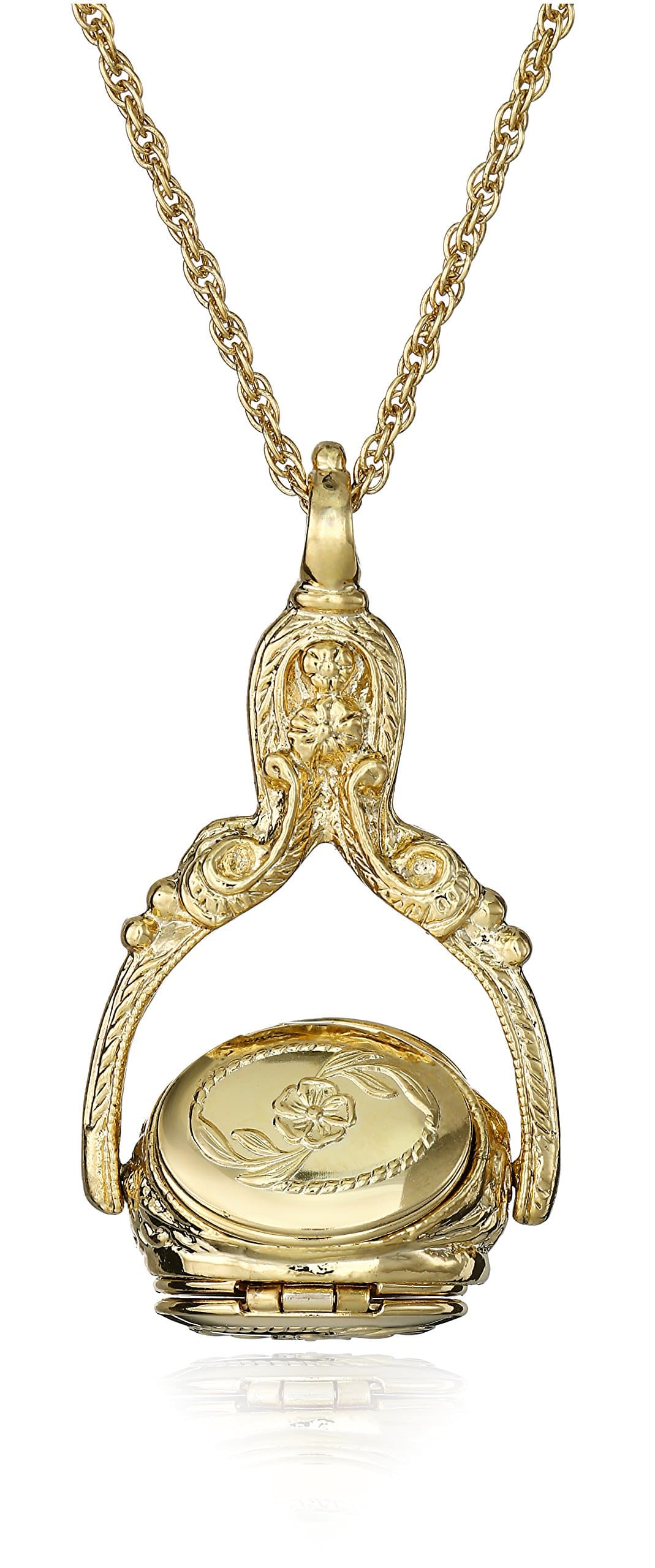 1928 Jewelry 3 Sided Flower Spinner Picture Locket Pendant Necklace For Women 30", Ladies Vintage Style Photo Keepsake, Made In USA