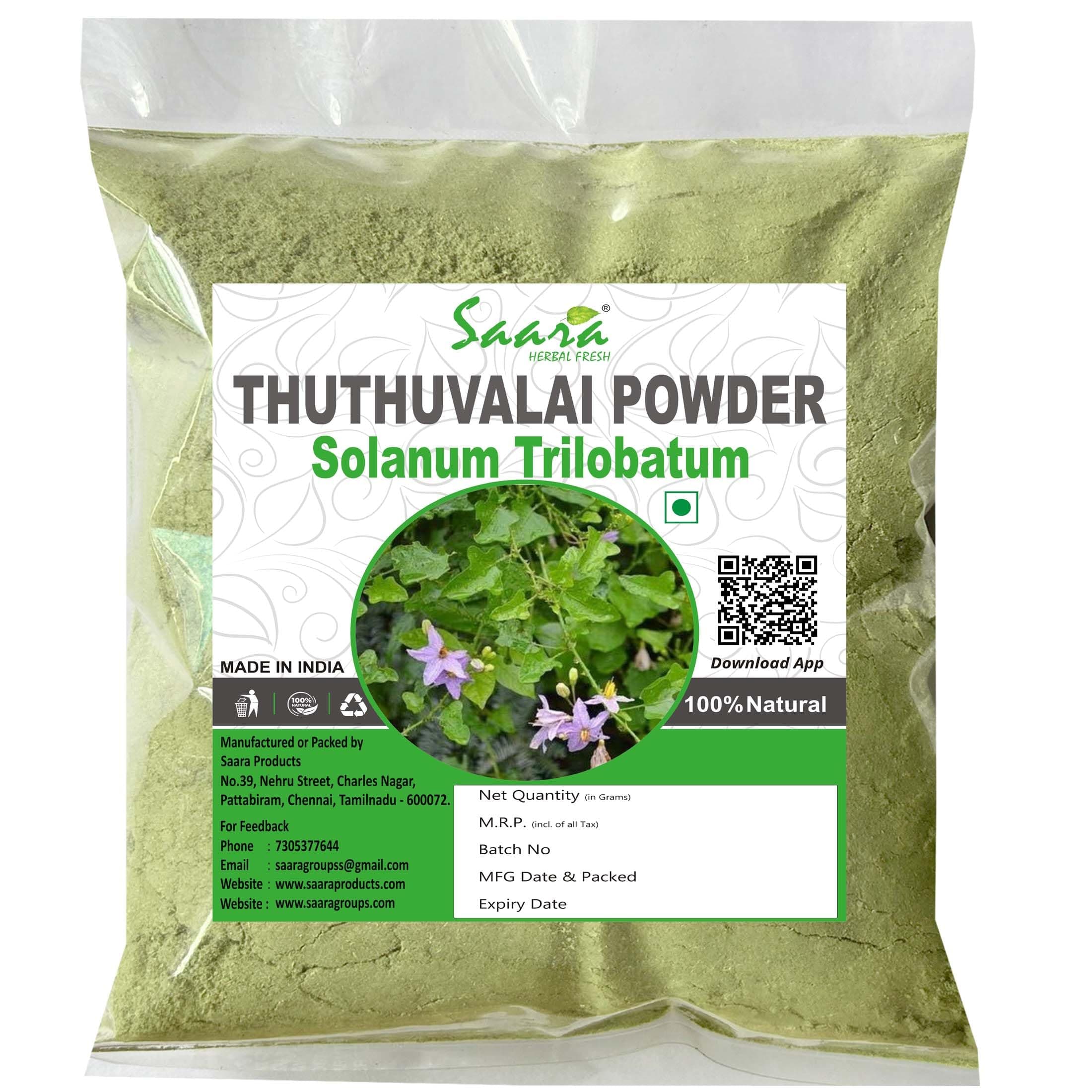 Saara HERBAL FRESH Thuthuvalai Powder, 50g, Climbing Brinjal, Kantakari, Solanum Trilobatum, Tutavalam, Alarkapatramu, Alarka Powder,(pack of 1 x 50g)