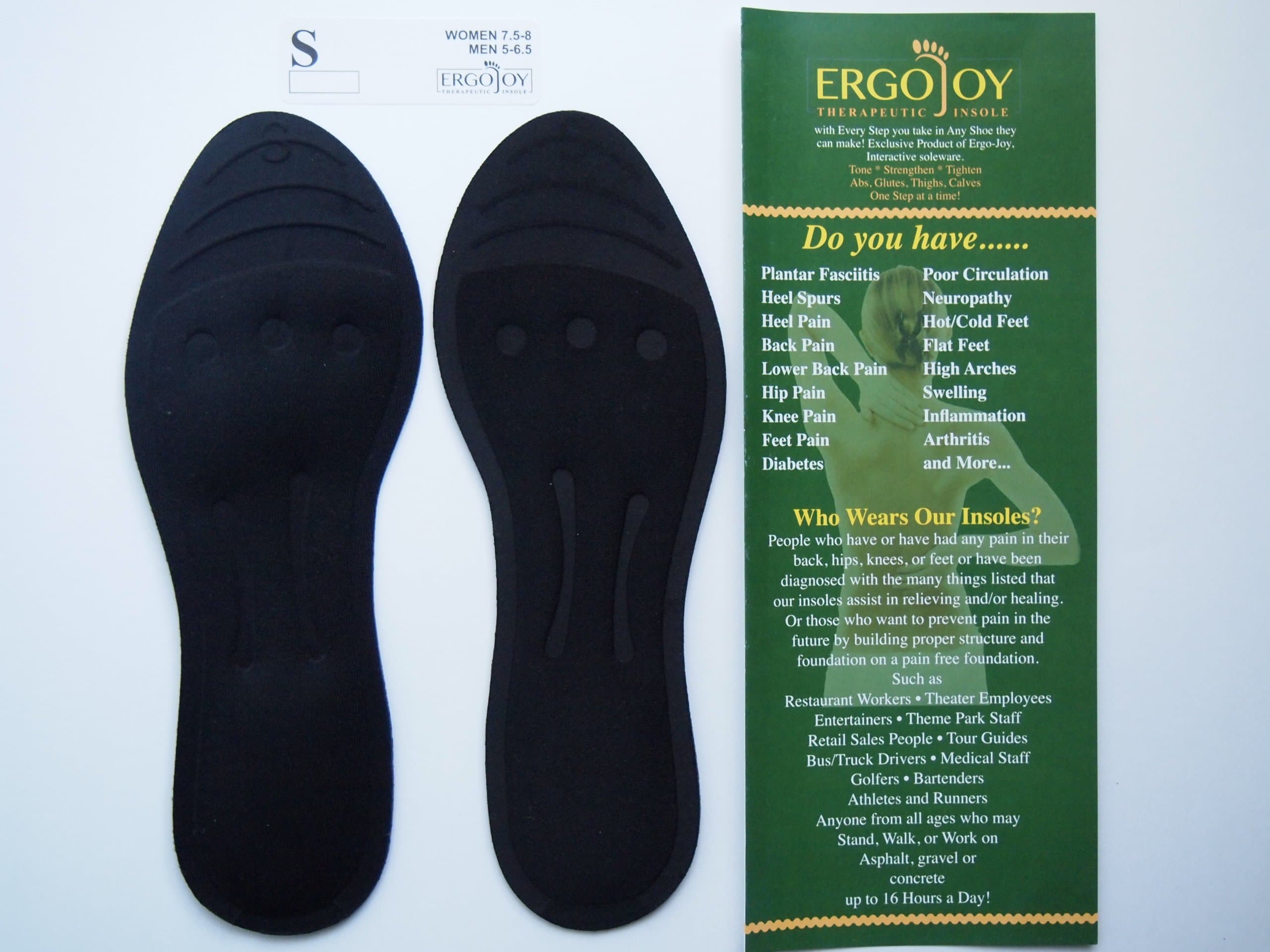 ErgoJoy Therapeutic Gel Insoles SMALL - Women's Shoe Size 7.5-8, Men's Shoe Size 5-6.5 +3 YEAR WARRANTY