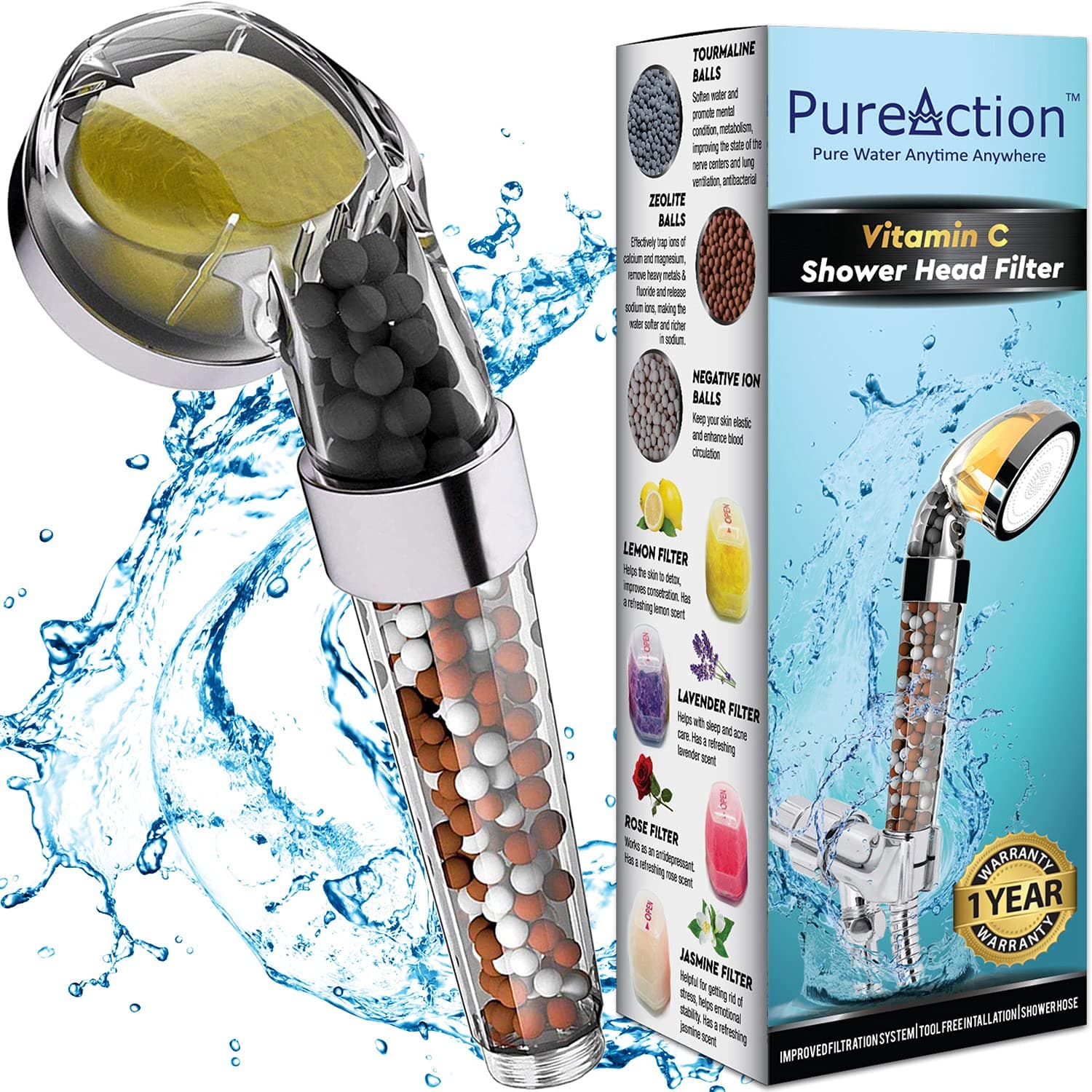 PureAction Vitamin C Shower Head with Hose & Replacement Filter - Water Softener - Chlorine & Fluoride Filter - Shower Head with Water Filter with Beads - Helps Dry Skin and Hair Loss