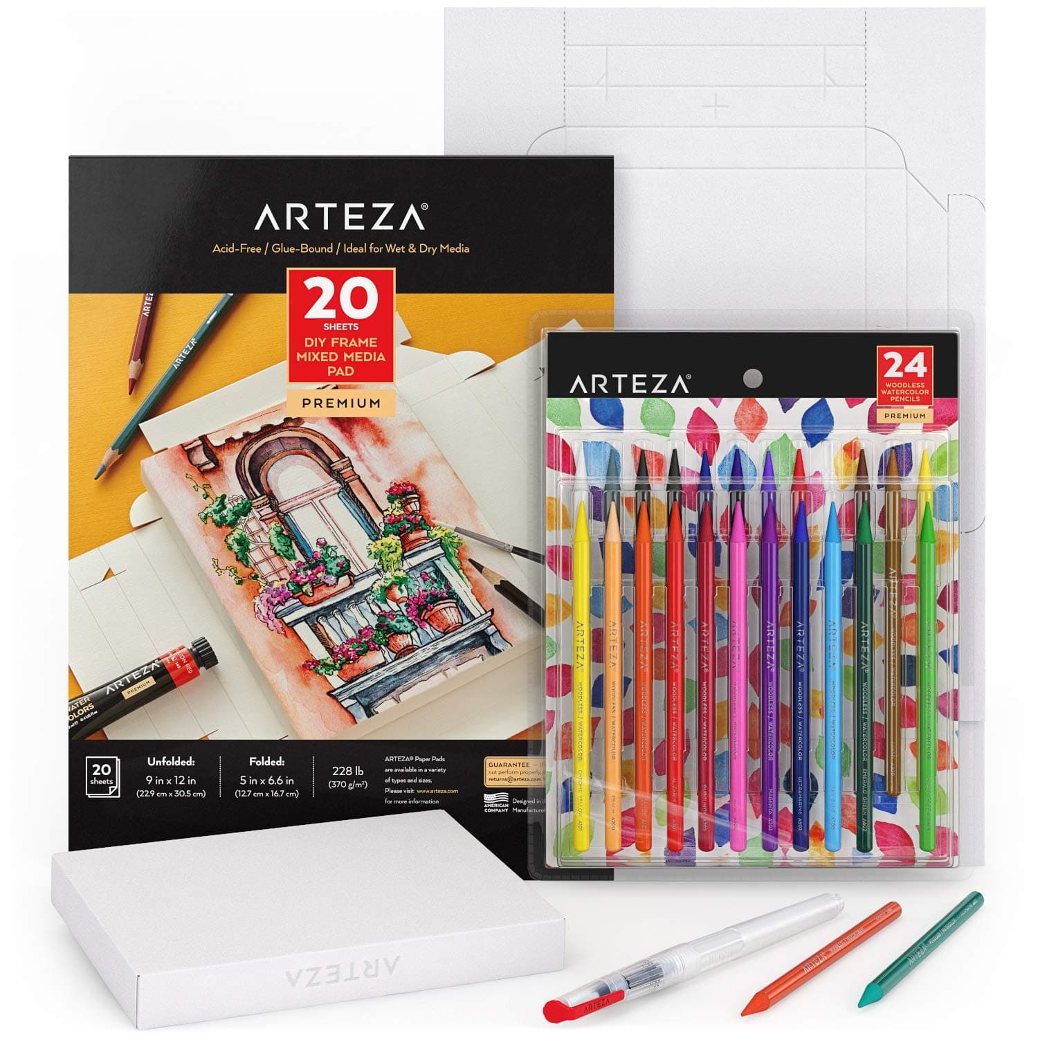 ARTEZAWatercolor Drawing Art Set, Woodless Watercolor Pencils 24 and Foldable Canvas Paper Bundle, DIY Kit, Art Supplies for Artists & Hobby Painters
