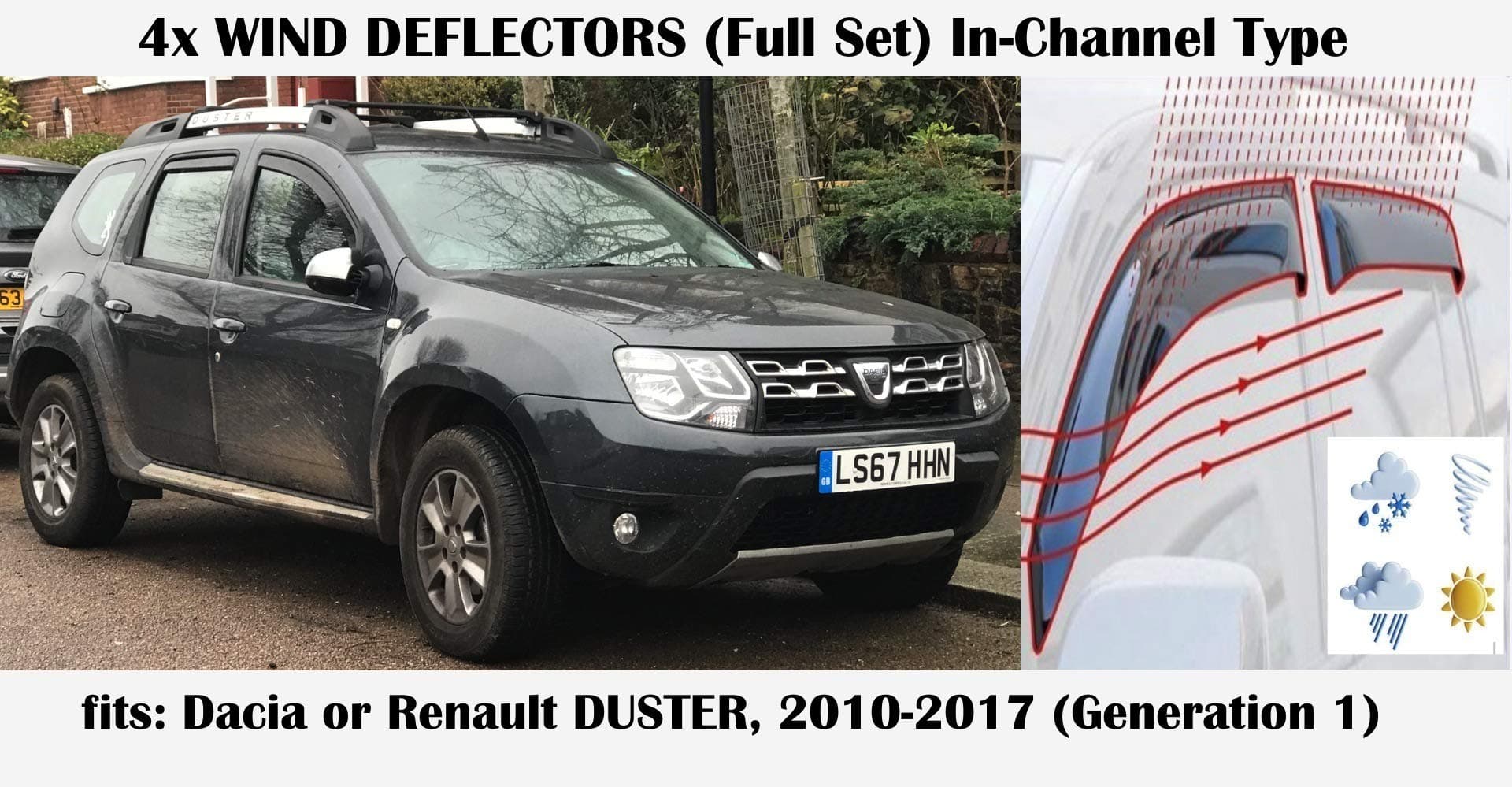 Mrp Set Of 4 Wind Deflectors Compatible with DACIA Duster/RENAULT DUSTER 5 doors Crossover SUV 2010 2011 2012 2013 2014 2015 2016 2017 Acrylic Glass Side Visors Window Deflectors