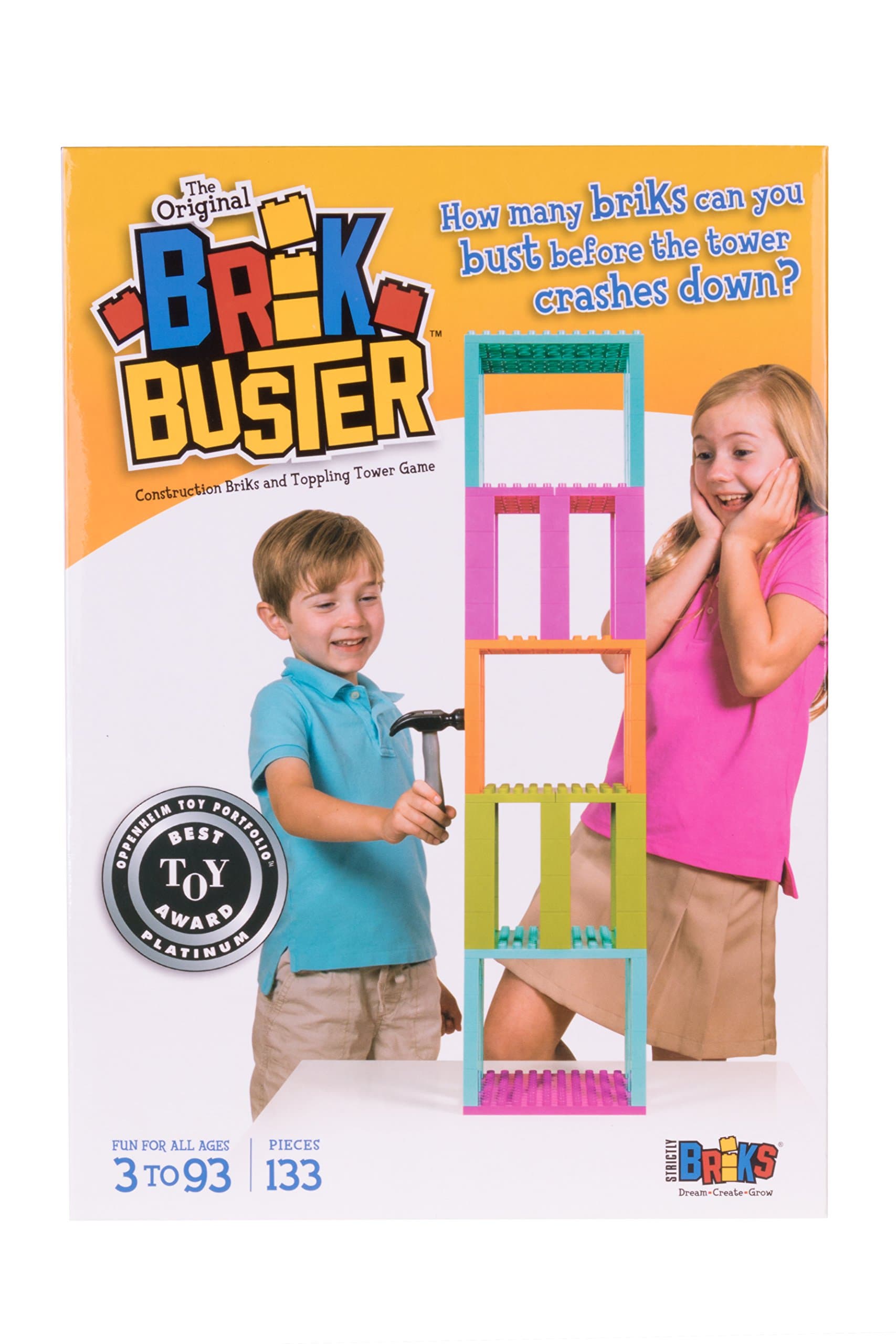 Brik Buster Tower Toppling Game by Strictly Briks Patent Pending | Stack'em High then Bust'em Down! | Award Winning Game Created by Kids for Kids | Fun for All Ages 3+ | 2+ Players | 133 Pieces