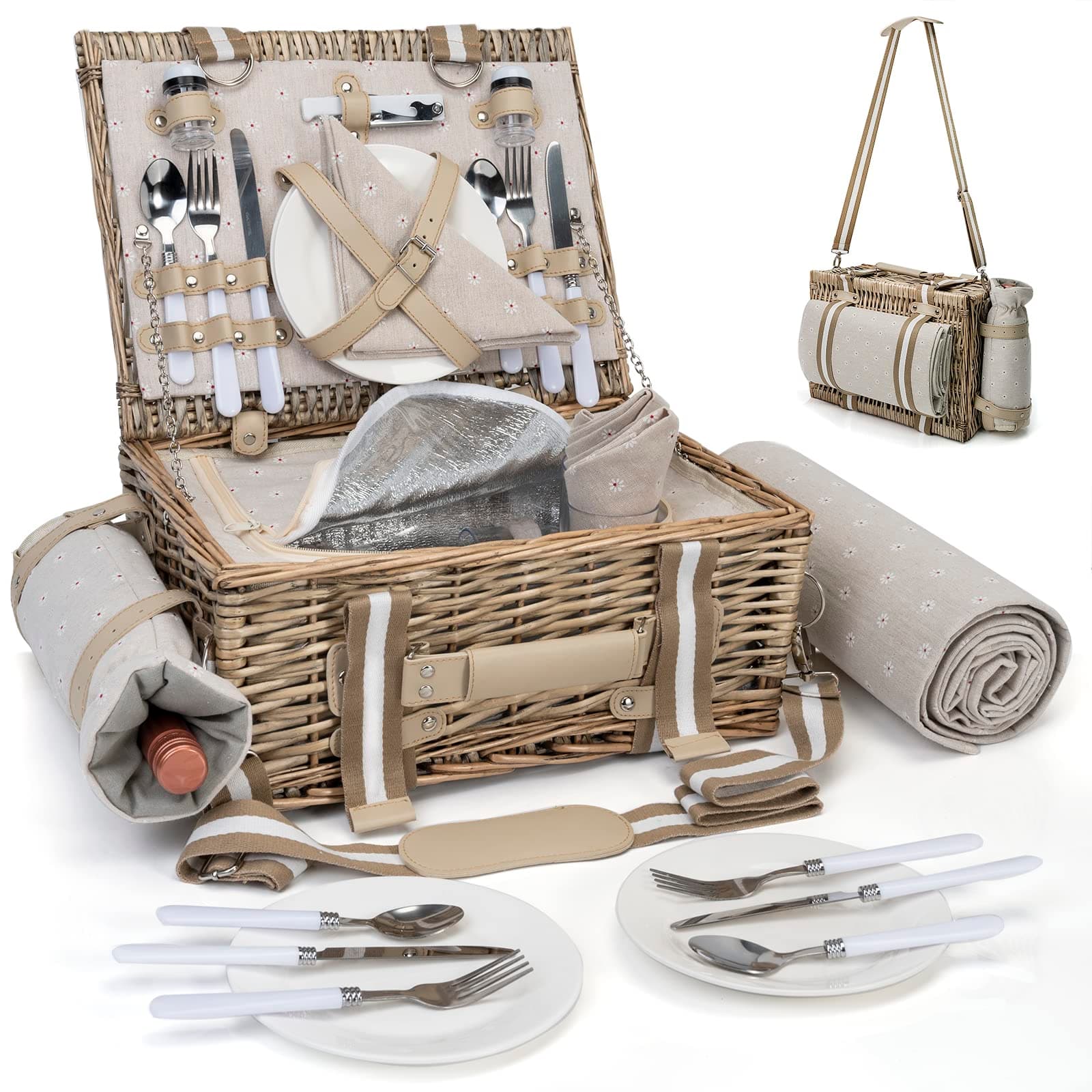 31Pcs Picnic Basket Set for 4 with Insulated Liner and Waterproof Blanket Wine Pouch, Large Wicker Picnic Hamper for Camping,Outdoor,Valentine Birthday Christmas for Couples