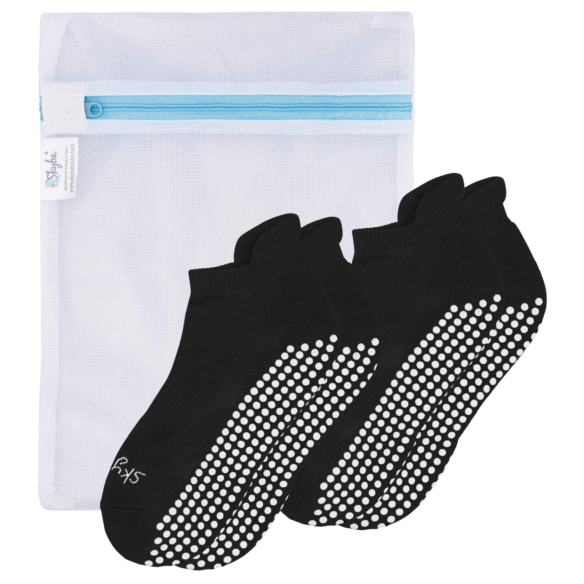 Skyba Non Slip Socks for Women - Grips for Barre, Pilates, Yoga, Hospital, Labor [Mesh Washing Bag] (Medium, 2 Pairs- Black)