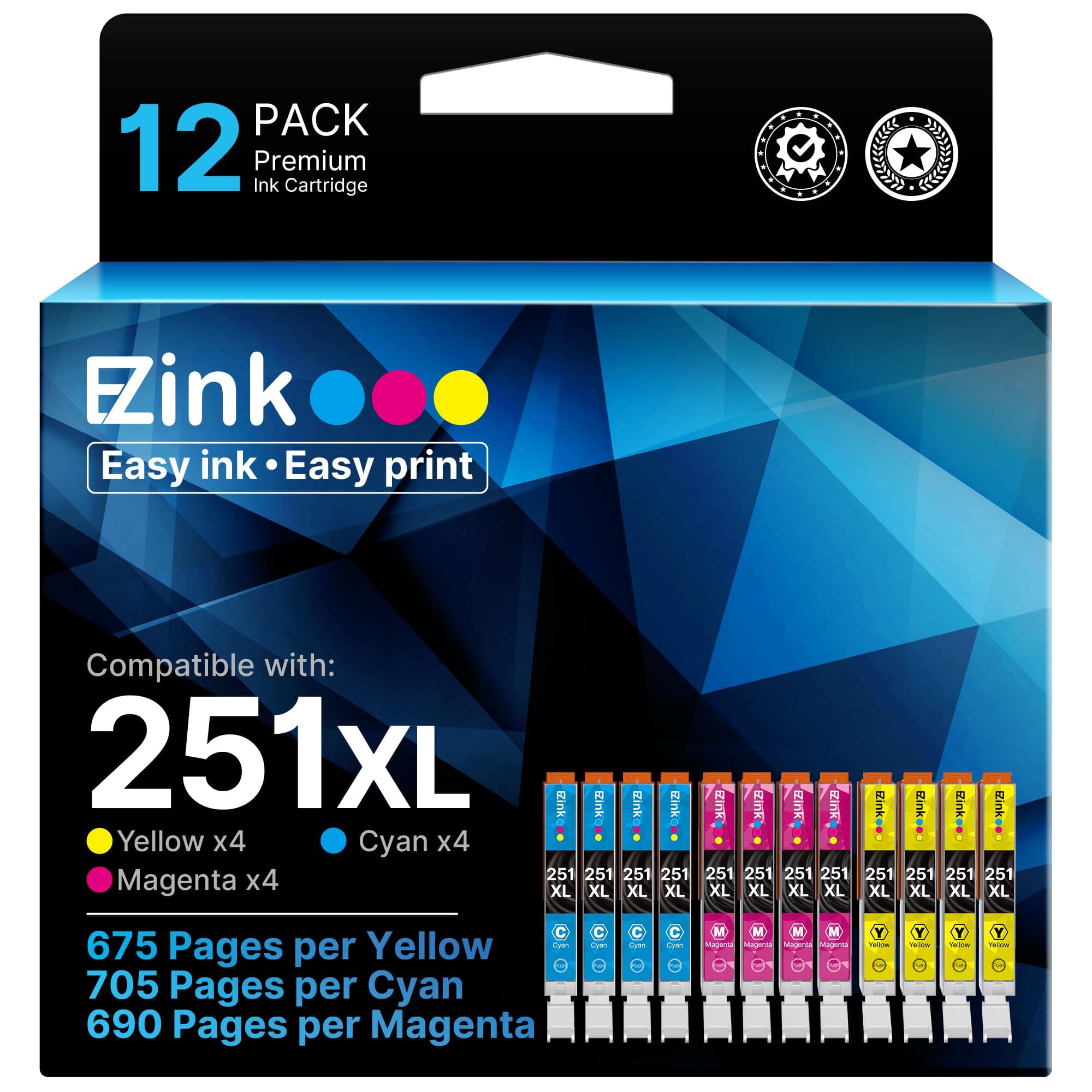 E-Z Ink (TM) Compatible Ink Cartridge Replacement for Canon CLI-251XL CLI 251 to use with PIXMA MX922 IP7220 MG5520 MG5420 IX6820 IP8720 MG7520 MG6320 Printer (4 Cyan, 4 Magenta, 4 Yellow, 12 Pack)