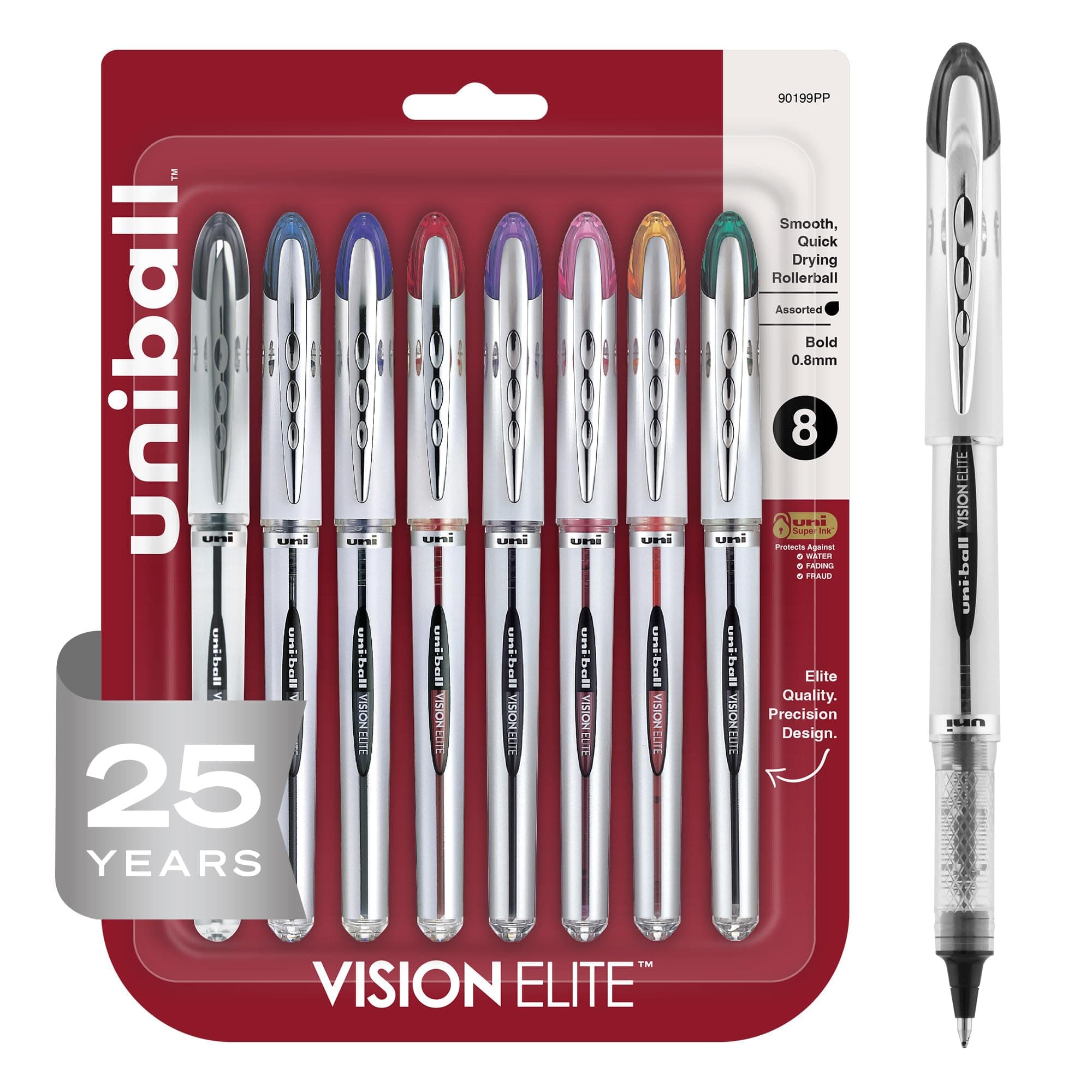 Uni-Ball Vision Elite Rollerball Pen Assorted Color 8-Pack Airplane Safe #90199